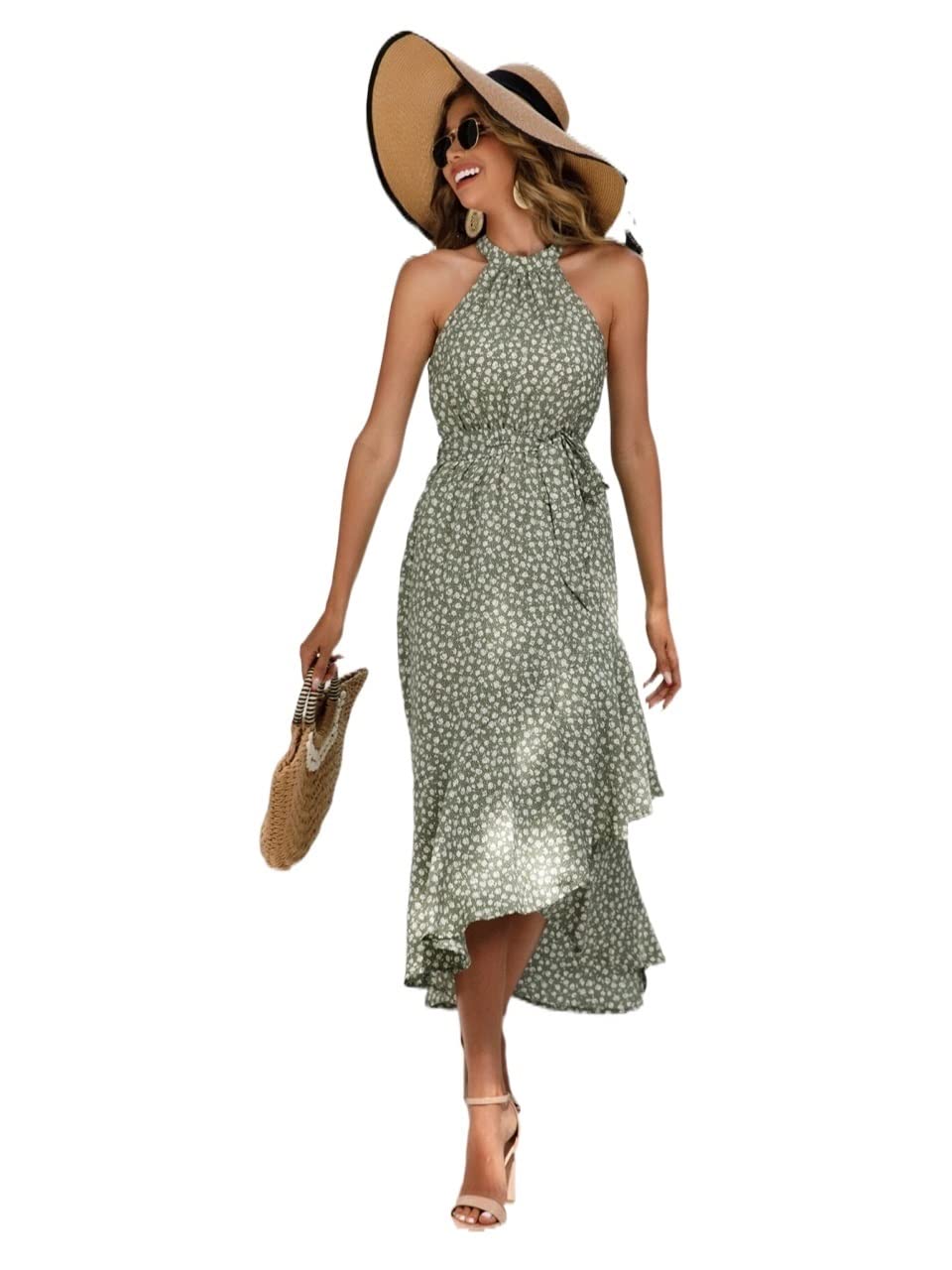 2023 Women's Summer Dresses - Floral Halter Neck Ruffle Hem Belted Sundress | Casual Beach Wear, Garden Party & Vacation Outfit