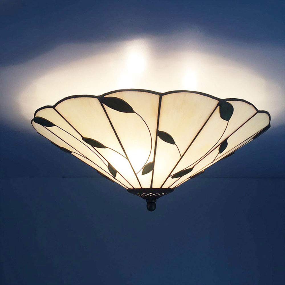 LITFAD 16-Inch Tiffany Style Flush Mount Ceiling Light - White Leaf-Themed Glass Lampshade for Bedroom, Living Room & Dining Room Lighting