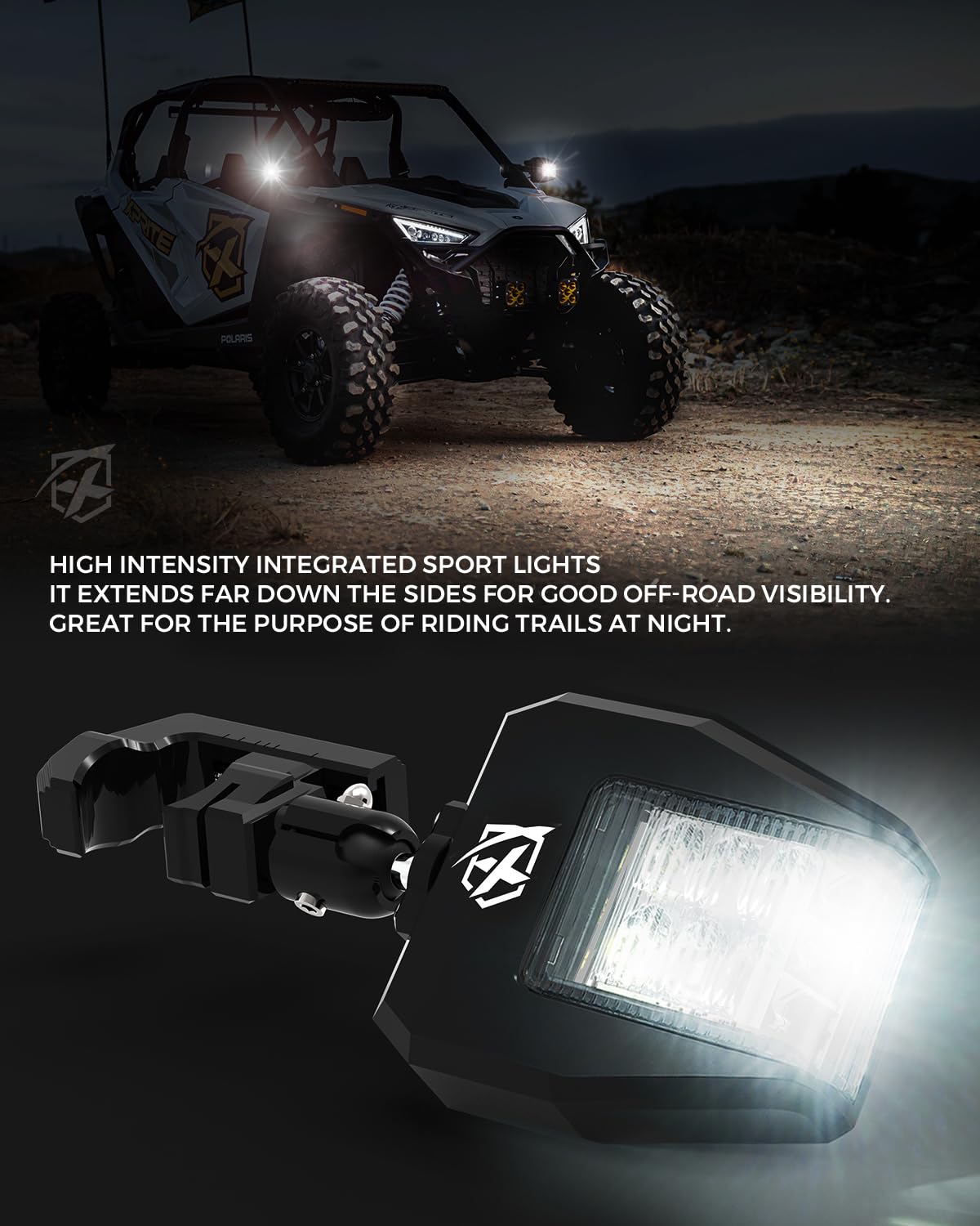 Xprite UTV Side View Mirrors with LED Spot Lights - Aluminum Alloy, Clear Lens, 1.75