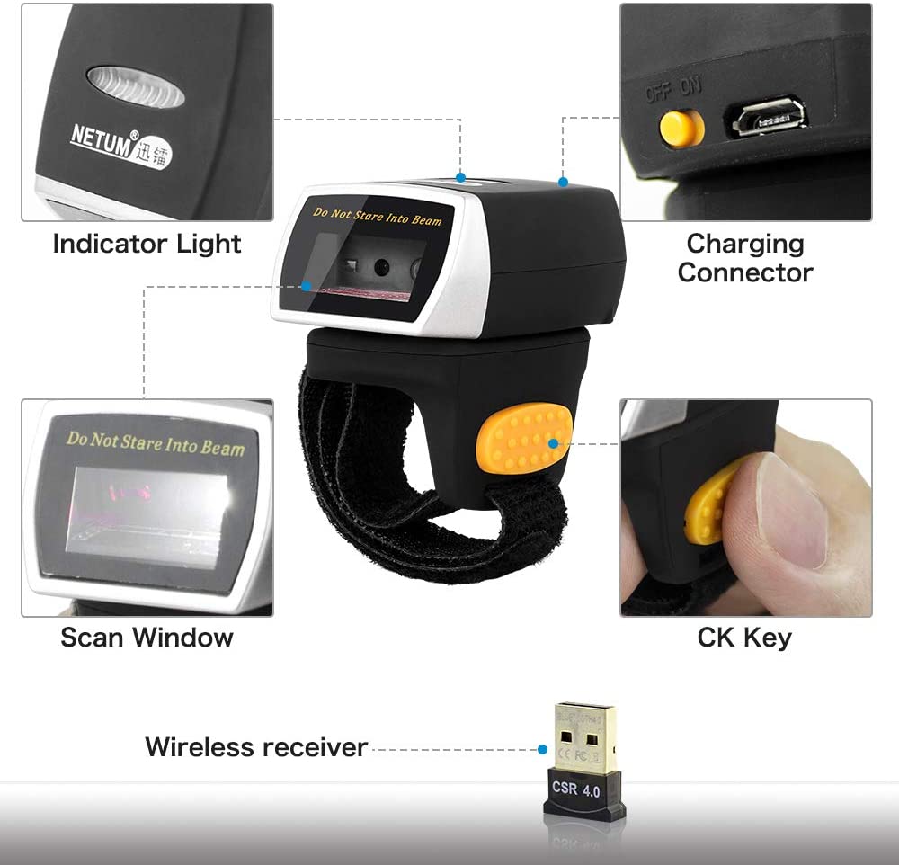 NT R2 2D Finger Barcode Scanner - Fast & Accurate Wireless Bluetooth Barcode Reader for Retail, Warehouse & Inventory Management - Perfect for Small Businesses & Mobile POS Systems