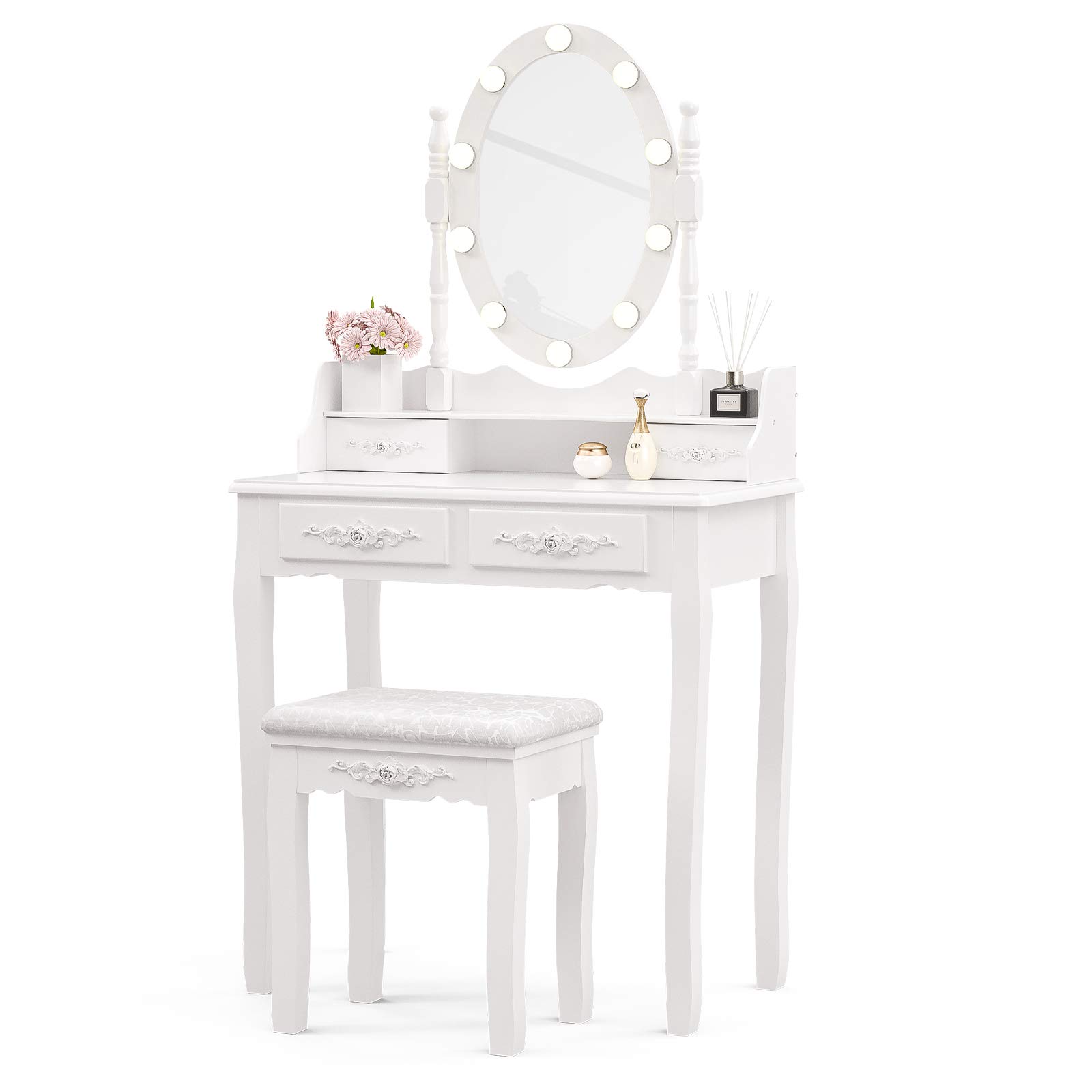 White Makeup Vanity Table with 10 LED Lights & Oval Mirror - Wooden Dressing Table with 4 Drawers & Stool - Perfect for Girls & Women's Bedroom Furniture (White) - Ideal for Makeup Application, Skincare Routine & Home Decor