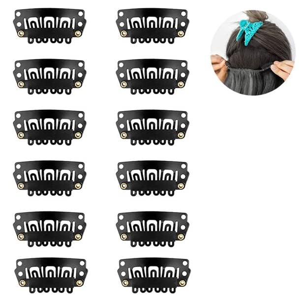 Nyamah Women's Metal Hair Extension Snap Clips - 12pcs Black Wig Clips with Silicone Rubber Wefts for Secure Hair Attachment & Bonding | Perfect for Weaves, Wigs, and Hair Extensions | Great for Daily Styling, Cosplay & Salon Use