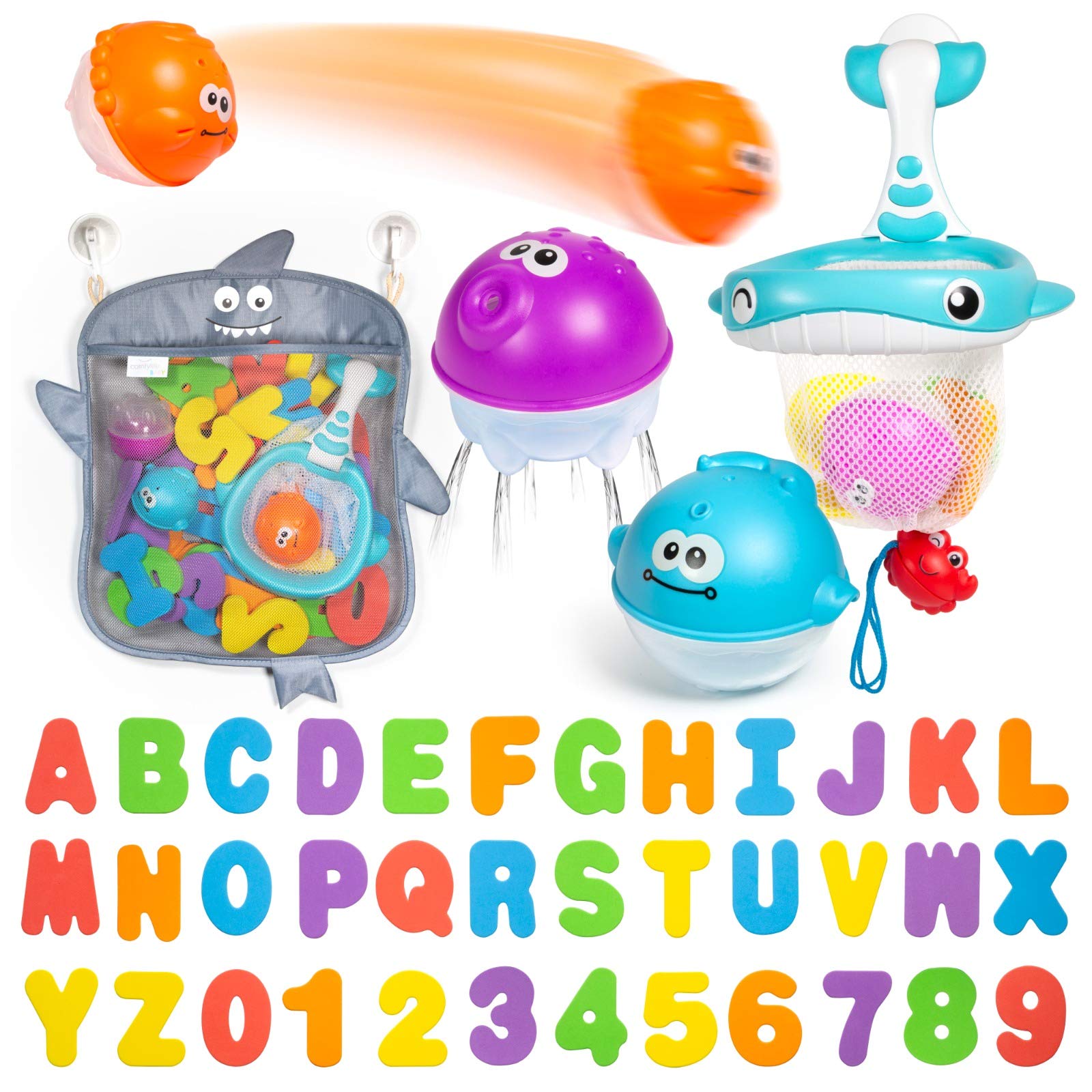 Comfylife Baby Bath Toy Organizer with Foam Numbers, Letters & Squirty Toys - Waterproof Shower Storage Net for Bathtub - Perfect for Toddler Bath Time Fun & Bathroom Organization