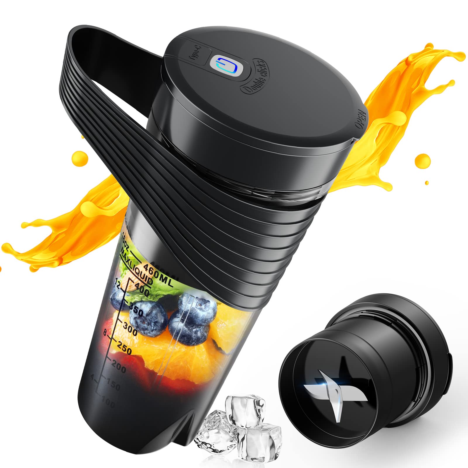 Xibonol 300W Portable Blender - USB C Rechargeable Mini Blender with 6 Sharp Blades, 16oz BPA-Free Blender Bottle for Smoothies, Protein Shakes & Juices | Perfect for Office, Gym, Travel, Kitchen & Outdoor Activities