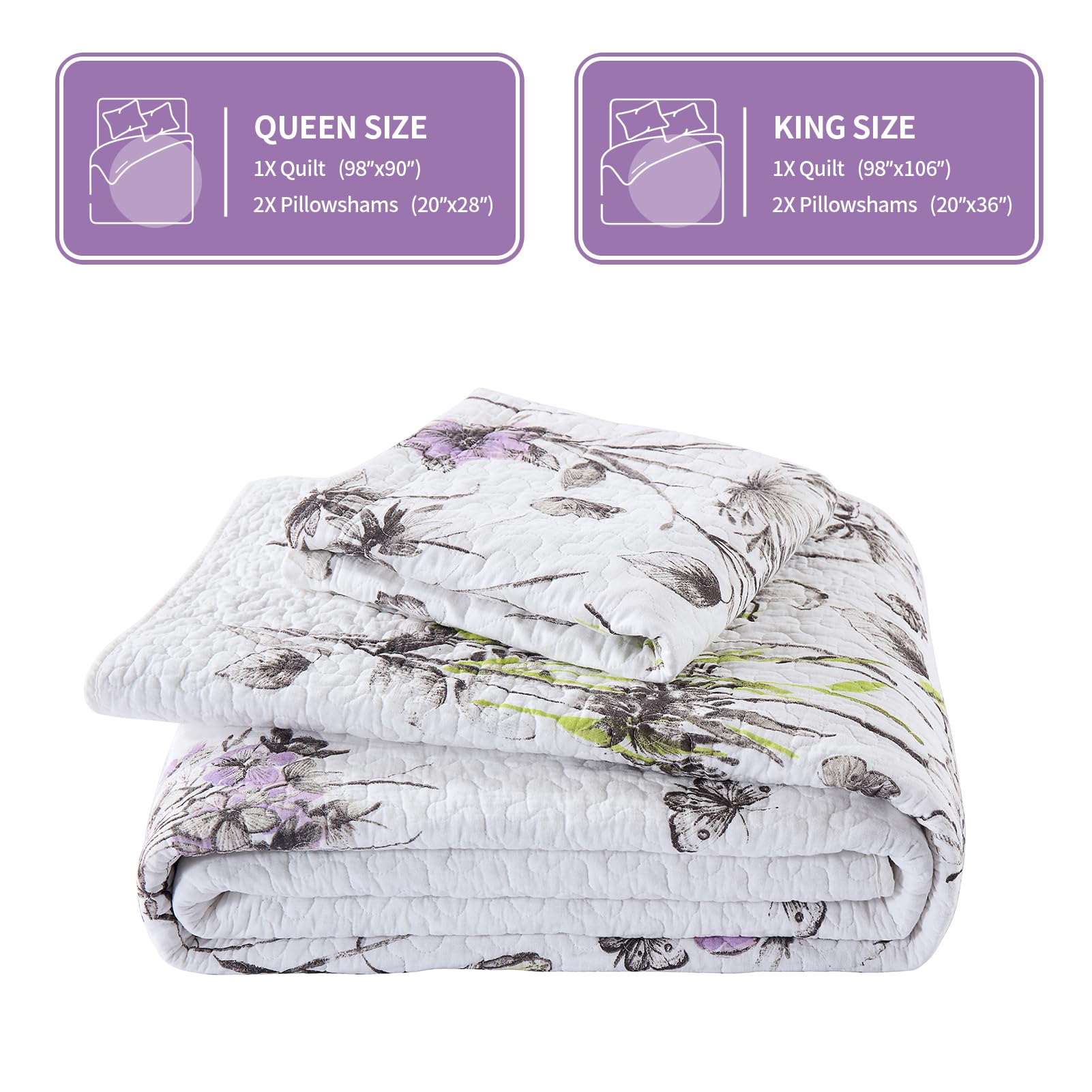 KALOOLA 100% Cotton Reversible King Size Quilt Set - 3 Piece Floral Botanical Bedspread with Purple Flowers, Lightweight All Season Coverlet | Perfect for Spring Bedding, Master Bedroom Decor & Guest Room Comfort