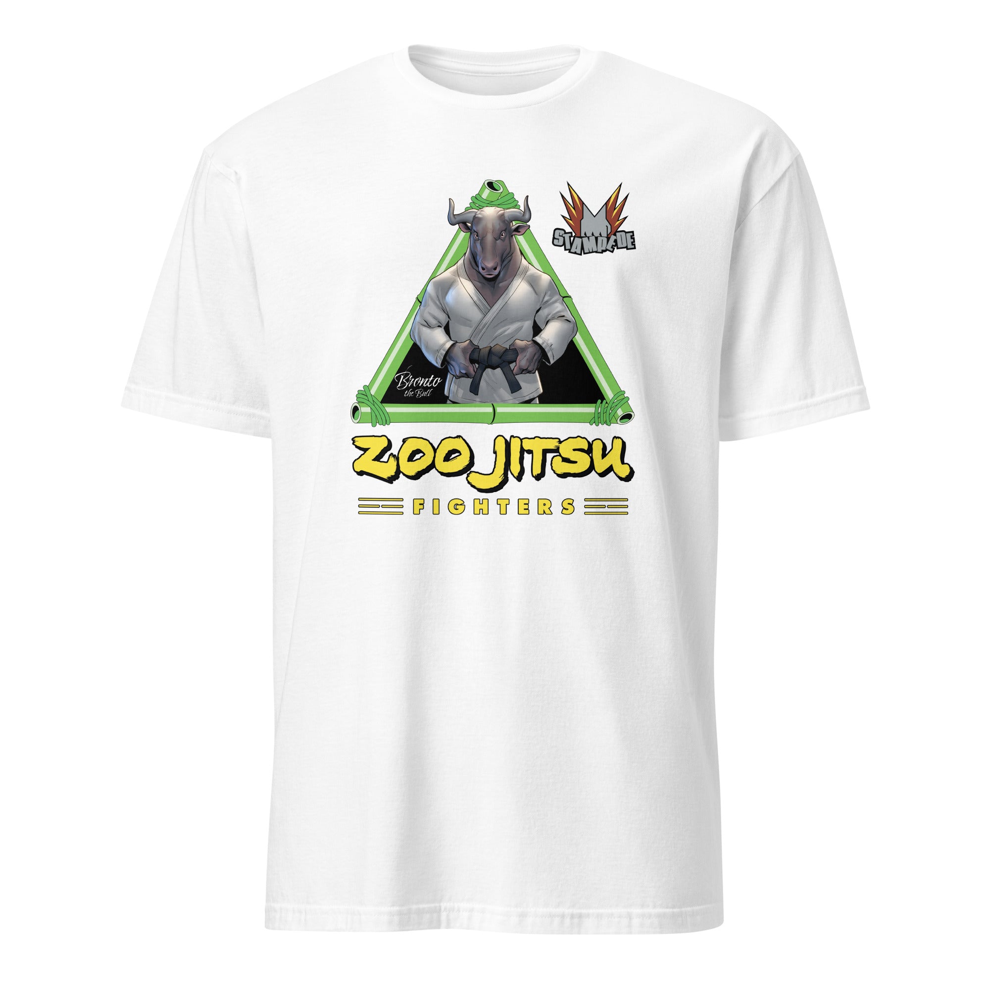 Zoo Jitsu Fighters Bronto the Bull Graphic T-Shirt - Unisex Short Sleeve Cotton Tee - Funny Animal MMA Shirt for Men & Women - Perfect for Gym, Casual Wear & Gifts