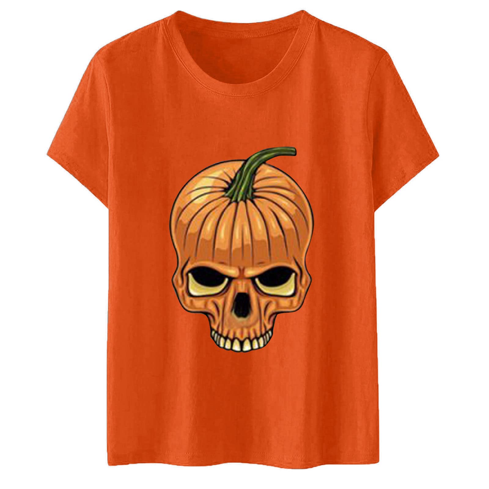 Funny Women's Halloween Pumpkin Ghost Skull Graphic T-Shirt - Short Sleeve Flare Tunic Top for Fall, Thanksgiving & Spooky Season | Cute Casual Blouse for Parties, Trick or Treat & Autumn Outfits