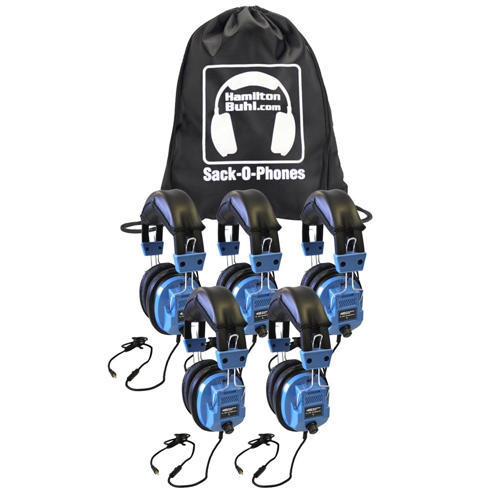 HamiltonBuhl Sack-O-Phones 5-Pack Personal Headphones with Volume Control - Perfect for Classroom, Library & Group Learning Activities