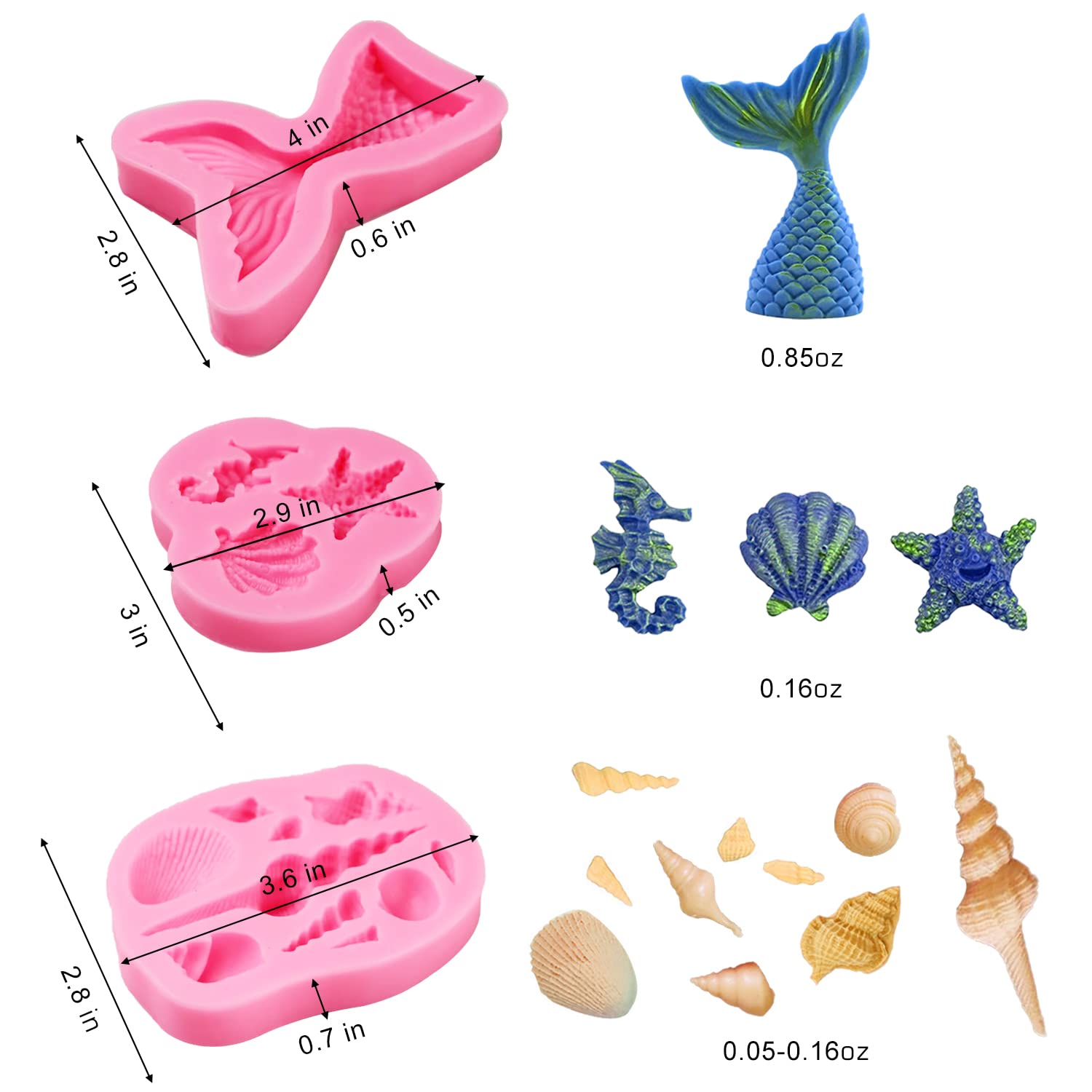 AIMEIKI 3-Pack Silicone Mermaid Fondant Molds Set - Mermaid Tail, Seashell, Starfish, Seahorse & Conch for Cake Decorating, Candy Making, Chocolate Molds & DIY Crafts - Perfect for Birthday Parties, Baby Showers & Wedding Cakes