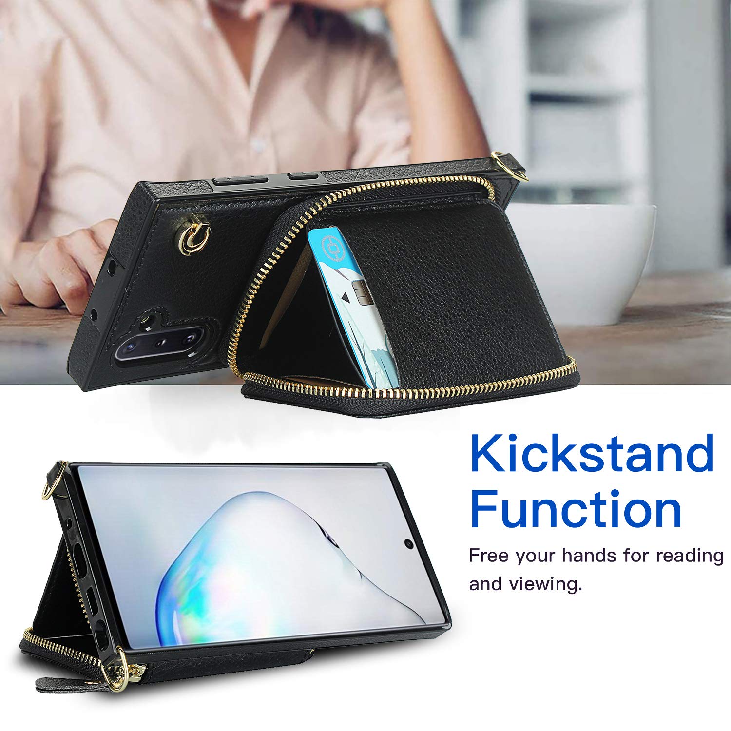 Samsung Galaxy Note 10 Wallet Phone Case with Card Holder, Kickstand & Magnetic Closure - Crossbody Zipper Purse with Strap for Women | Perfect for Travel, Shopping & Everyday Use