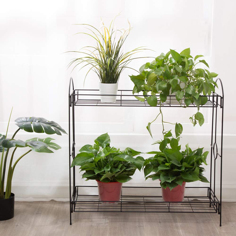 2-Tier Metal Flower Stand with Tray - Indoor/Outdoor Plant Holder Rack for Garden, Patio, Balcony & Home Decor - Perfect for Potted Plants, Herbs & Succulents