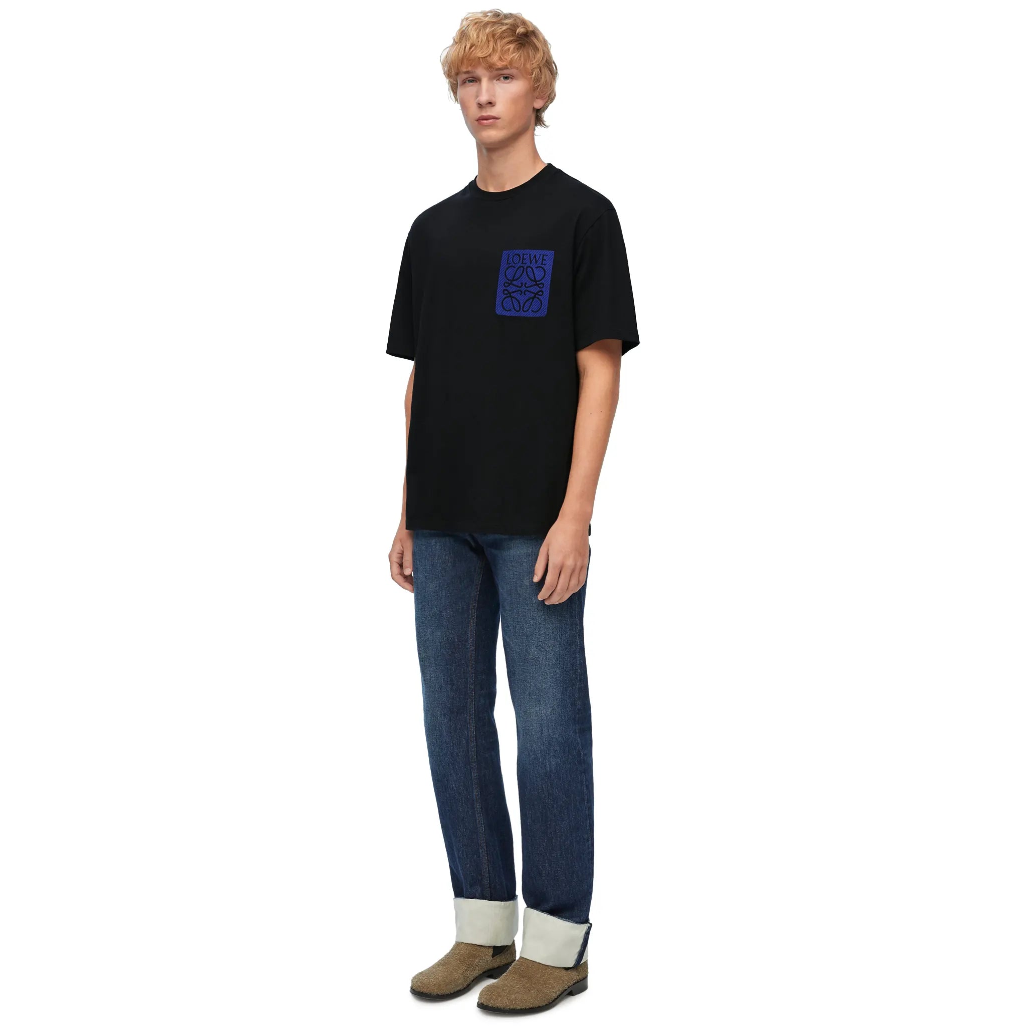 Loewe Anagram Print Fake Pocket Black and Blue T-Shirt for Men - Casual Streetwear Style for Everyday Wear