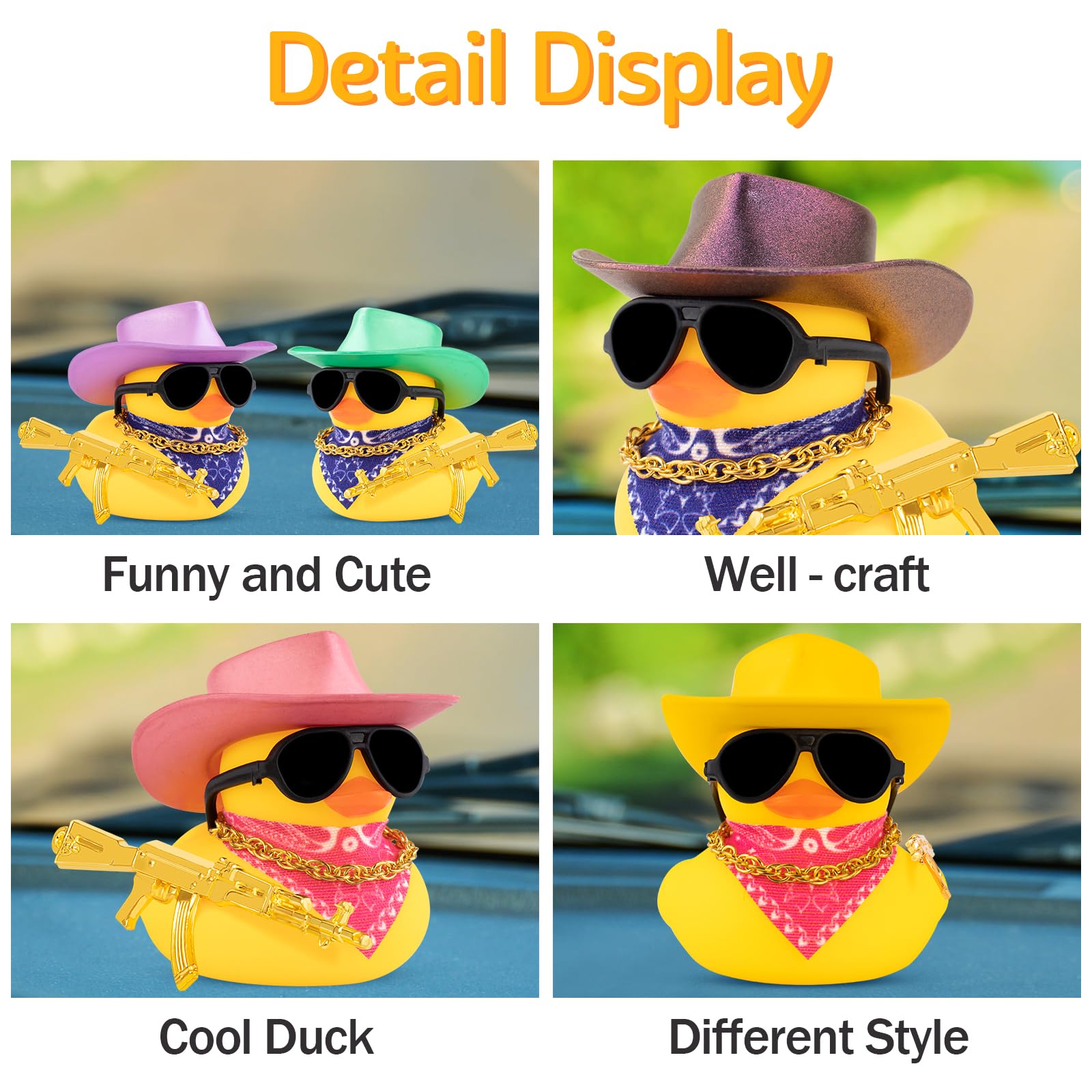 Wonuu Rubber Duck Car Ornaments - Cute Dashboard Decor with Cowboy Hat, Necklace & Sunglasses - Shiny Deep Purple Car Accessories for Fun Road Trips & Gifts