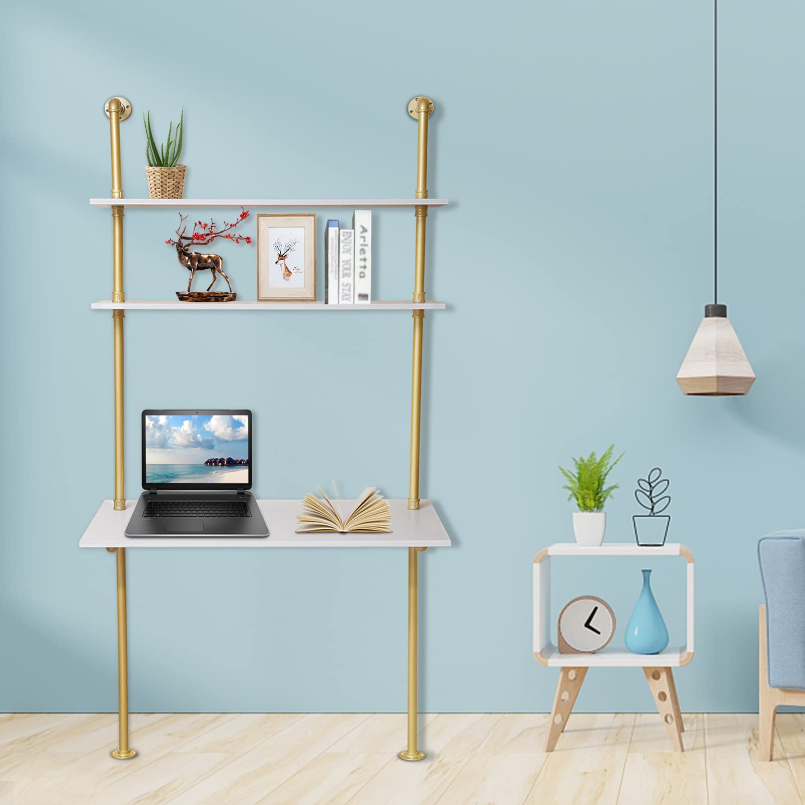 Wall Mounted Computer Desk with Shelves - Space Saving Home Office Desk with Storage Shelf, Industrial Style Ladder Desk for Small Spaces, Living Room or Bedroom - Sturdy Metal Frame in White & Gold (Perfect for Remote Work & Study)