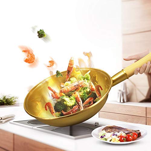 **Pure Copper Wok Pan - 34cm Thickened Brass Frying Pan with Wooden Handle - Professional Cookware for Stir-Fry, Sauté & Deep Frying - Ear Copper Pot for Home & Restaurant Use**