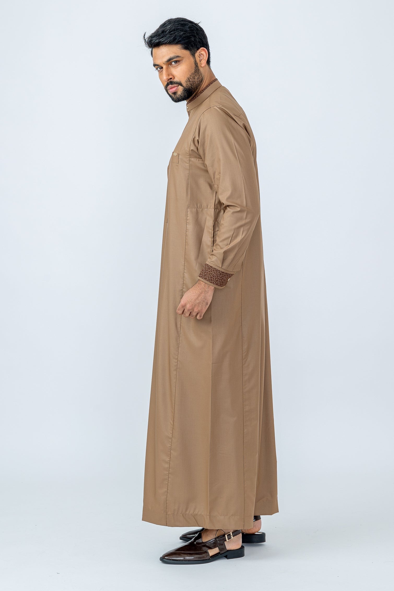 Aztec Almond Brown Thobe for Men - Traditional Islamic Robe with Embroidery - Perfect for Eid, Ramadan & Special Occasions