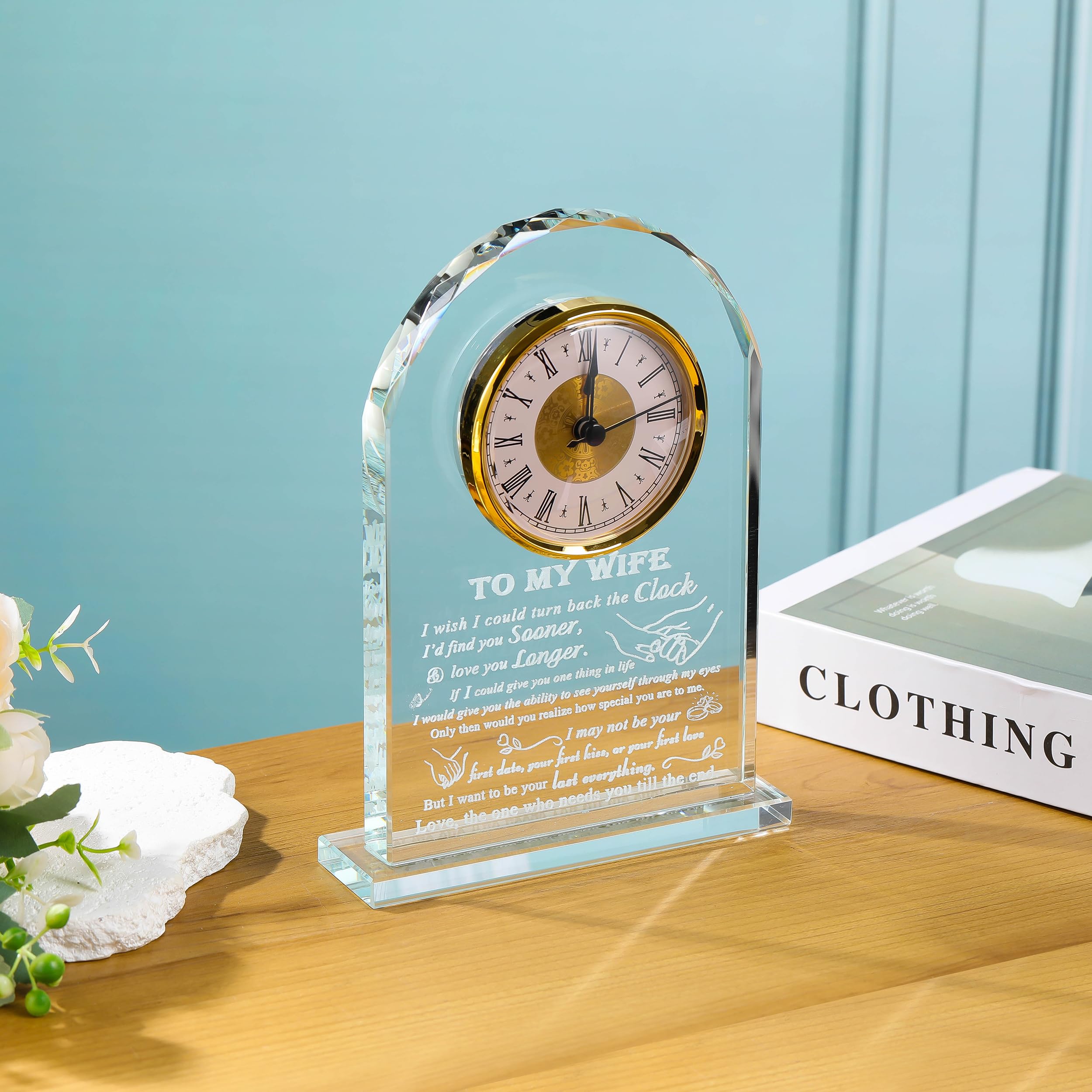 Personalized Crystal Clock Gift for Wife - Unique Anniversary, Birthday & Wedding Present from Husband - Thoughtful Keepsake for Her Desk, Office or Home Decor