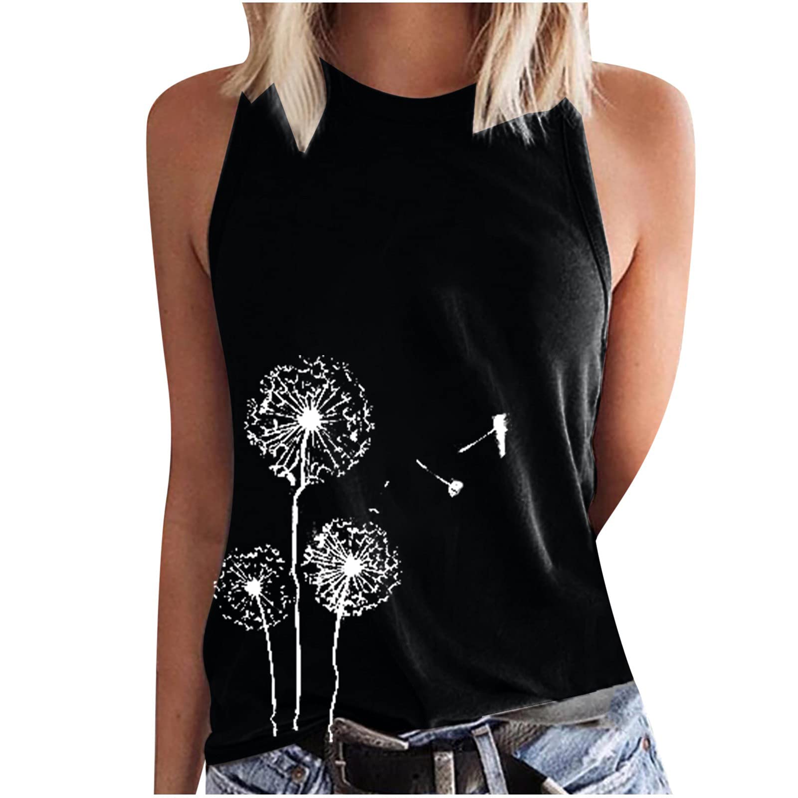 Women's Sleeveless Dandelion Print Tank Tops - Casual Summer Graphic Tees & Blouses for Outdoor Activities, Beach Wear, and Everyday Fashion