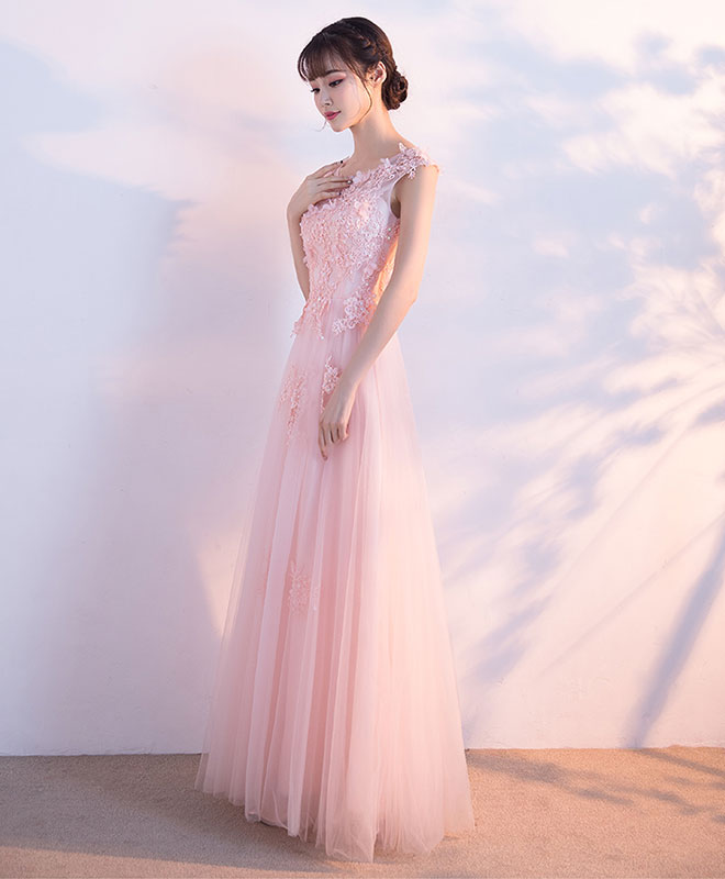 Elegant Pink Round Neck Tulle Lace Long Prom Dress for Women - Formal Evening Gown for Homecoming, Wedding, Ball & Special Occasions