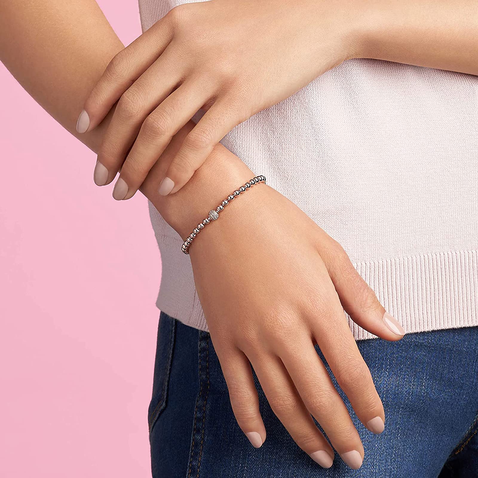Rose Gold Beaded Bracelets for Women - 925 Sterling Silver Bangle with Pave Cubic Zirconia, Elegant Birthday Gift Jewelry, 21cm/8.3 Inches - Perfect for Weddings, Parties & Everyday Wear