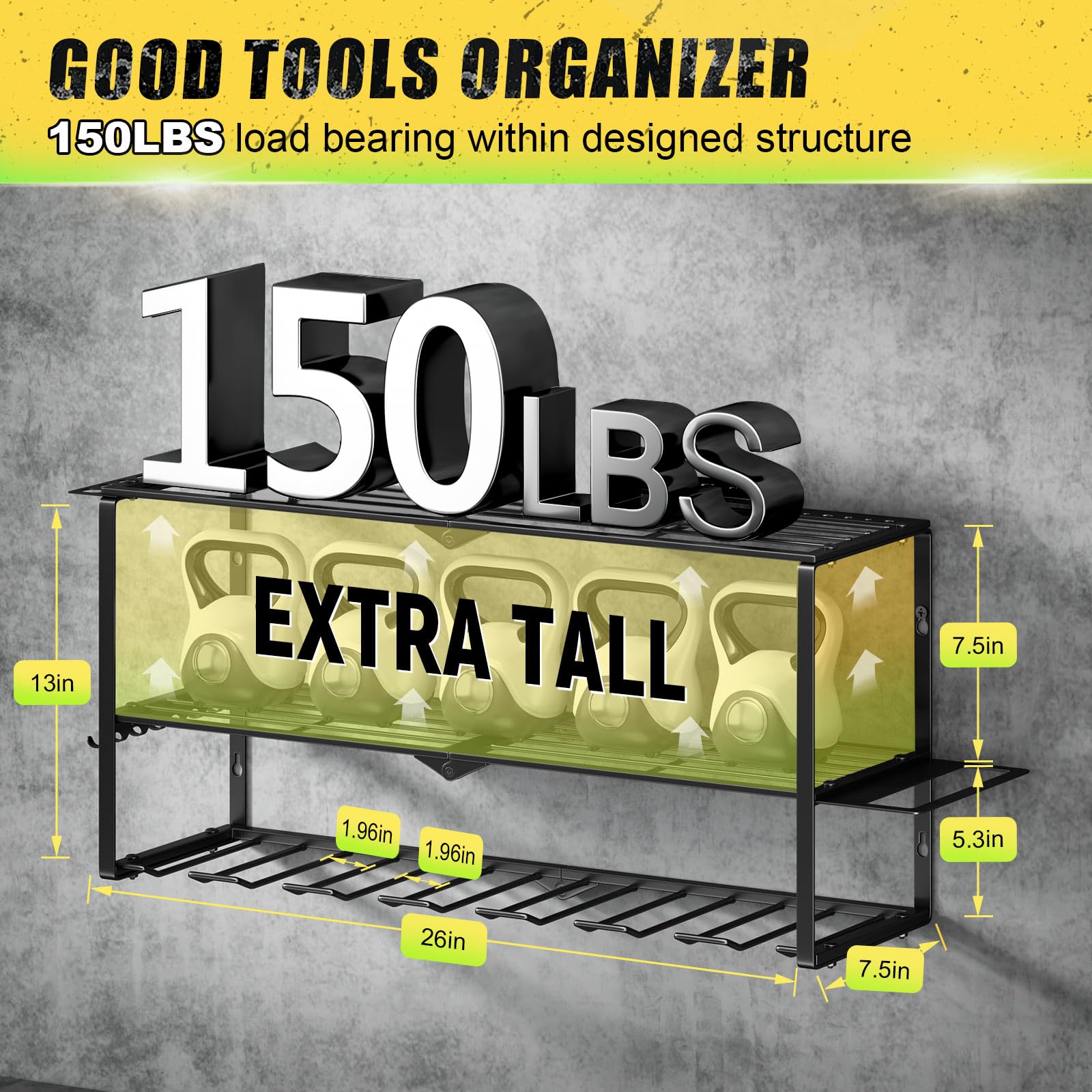 Heavy Duty Wall Mount Power Tool Organizer - 3-Tier Storage Rack with 7 Drill Holders, 150Lbs Capacity for Cordless Drills & Garage Tools | Workshop, Shed, Basement & Pegboard Organization