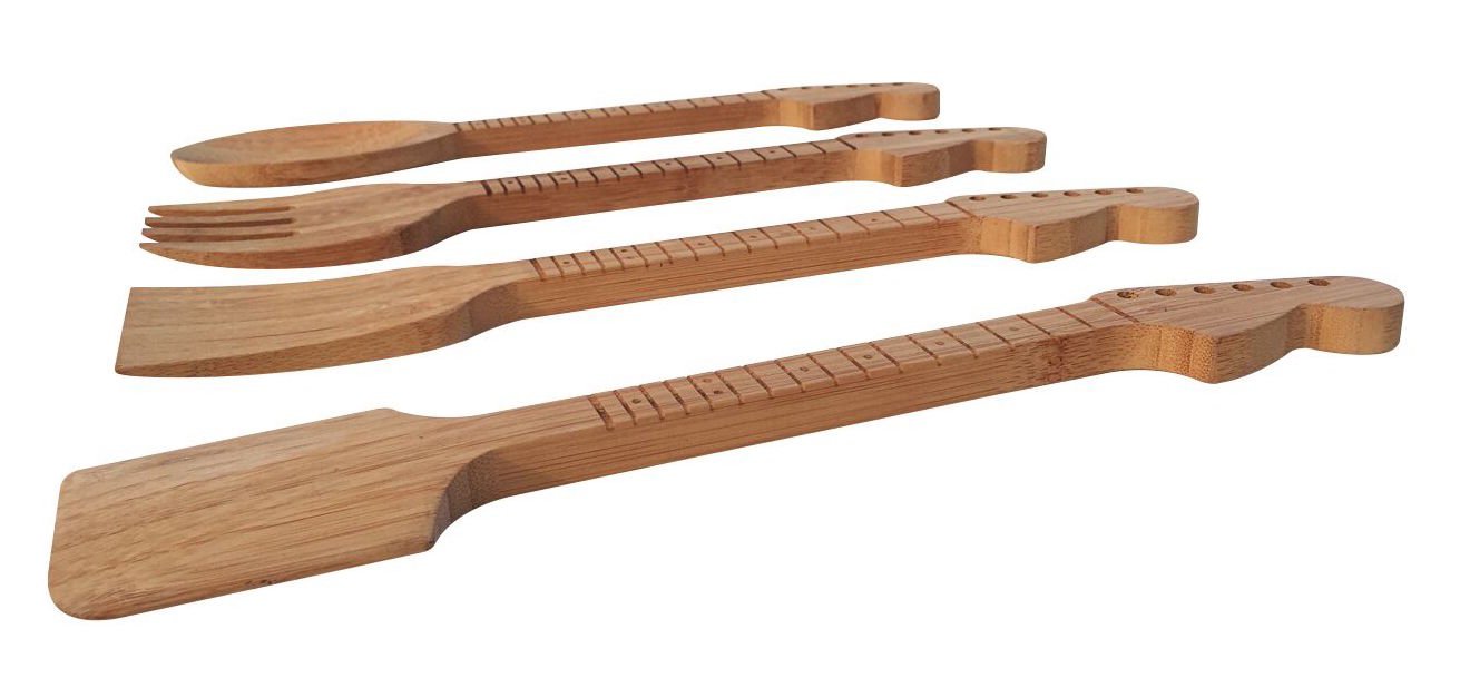 Bamboo Guitar Neck Shaped Kitchen Utensil Set - 4-Piece Cooking Tools (Spoon, Spatula, Salad Fork) - Perfect Musician Gift for Baking, Cooking & Serving - Ideal for Home Chefs & Music Lovers