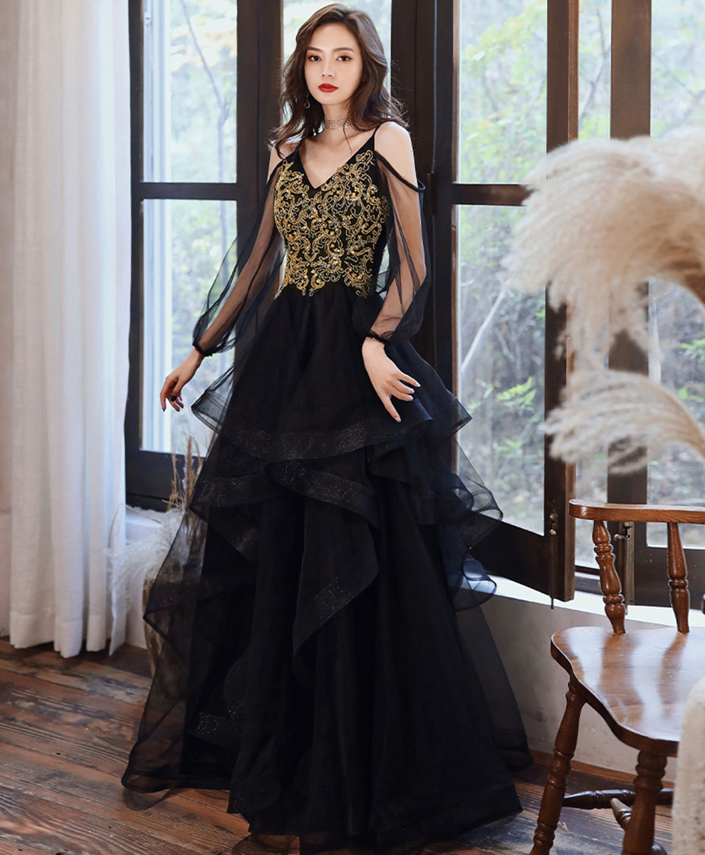 Elegant Black Tulle Lace Long Prom Dress for Women - Formal Evening Gown for Homecoming, Ball, and Special Occasions