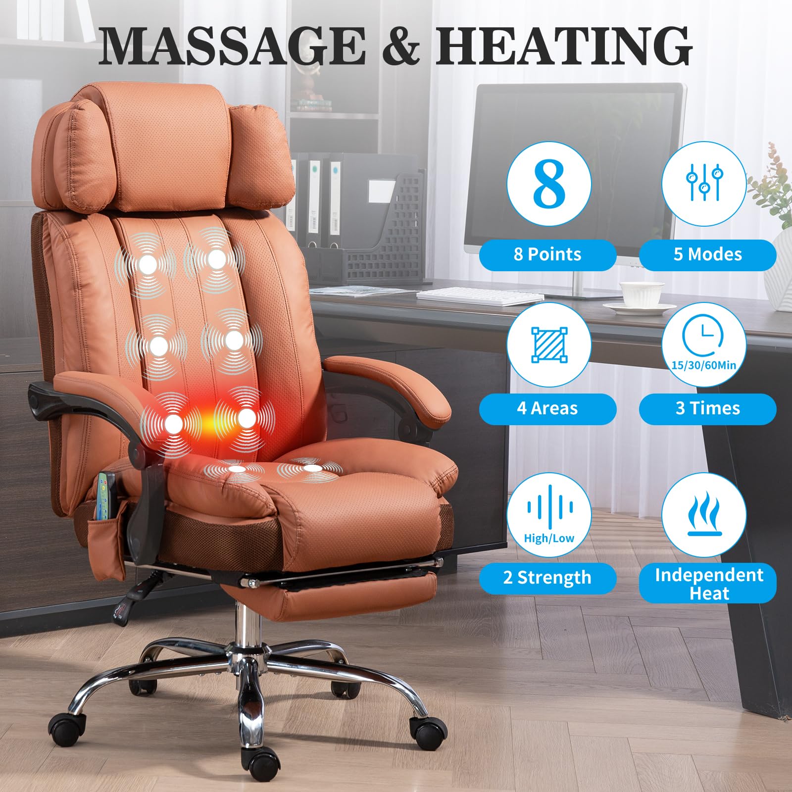 Big and Tall Massage Office Chair with Heat & 8 Vibration Points - Adjustable Headrest, Extra Wide Seat, Footrest & Padded Armrests - Reclining High Back Executive Chair for Home Office, Gaming & Workspace Comfort