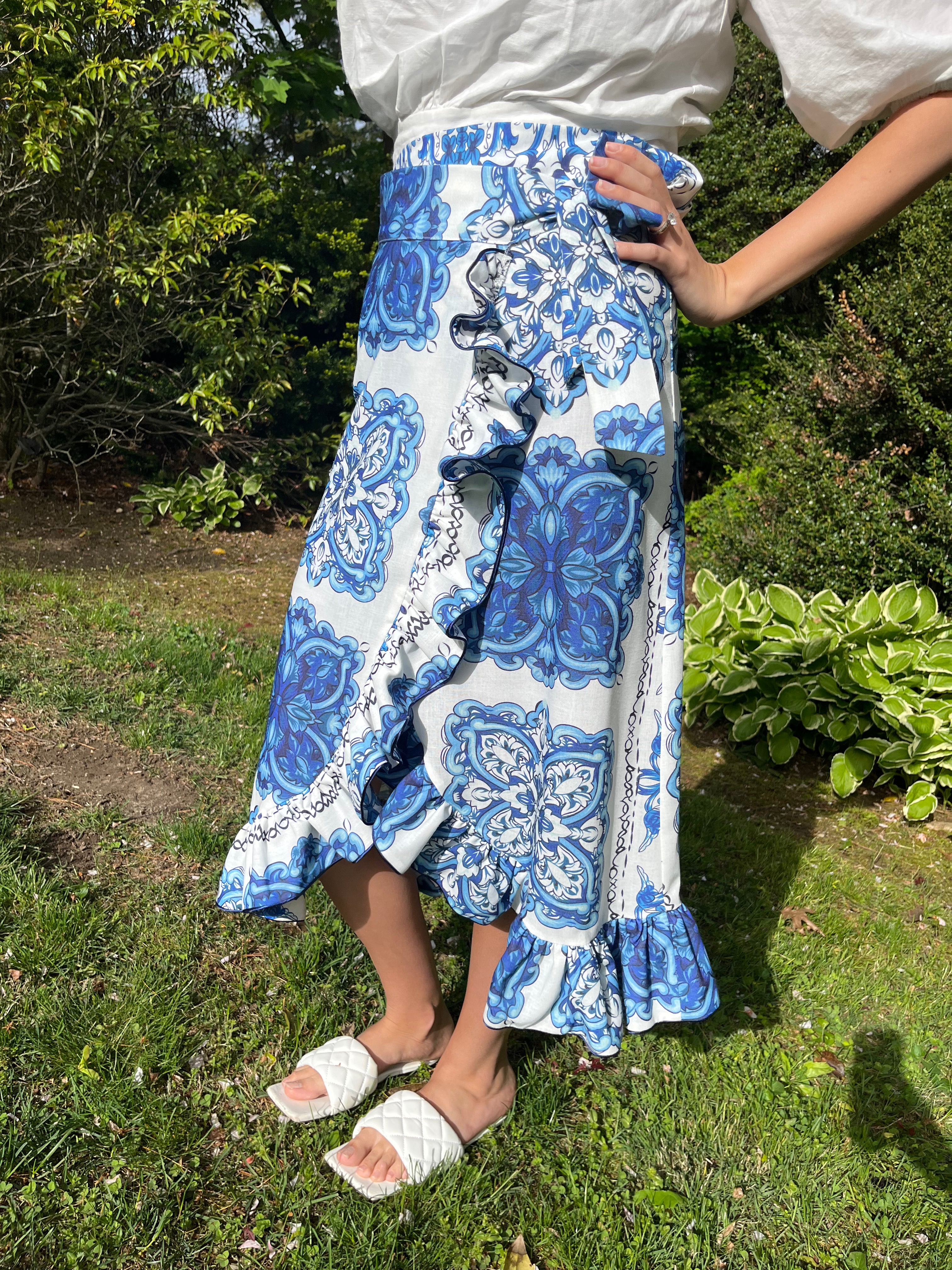 Blue and White Ruffle Wrap Skirt for Women - Flowy Summer Beach Skirt with Adjustable Waist | Perfect for Vacation, Date Night & Boho Outfits