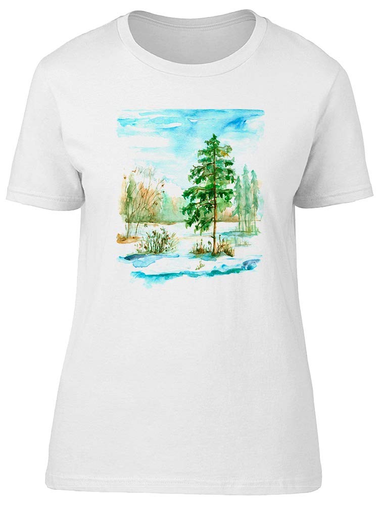 Smartprints Women's Watercolor Winter Pine Trees T-Shirt | Soft Cotton Casual Tee for Holiday Outfits & Christmas Gift Giving