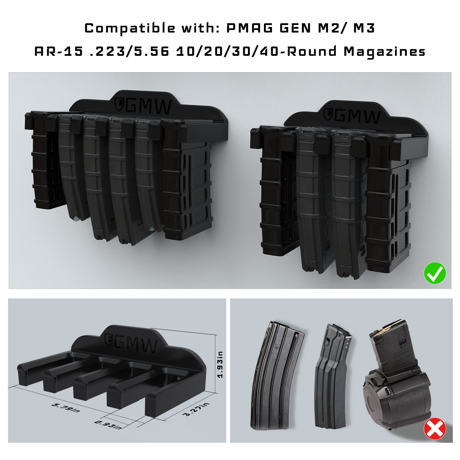 GMW PMAG Magazine Holder - AR Magnetic Mag Holder for Gun Safe & Wall Mount, AR-15 Magazine Storage Accessories - Perfect for Home Defense, Range Training & Gun Safe Organization
