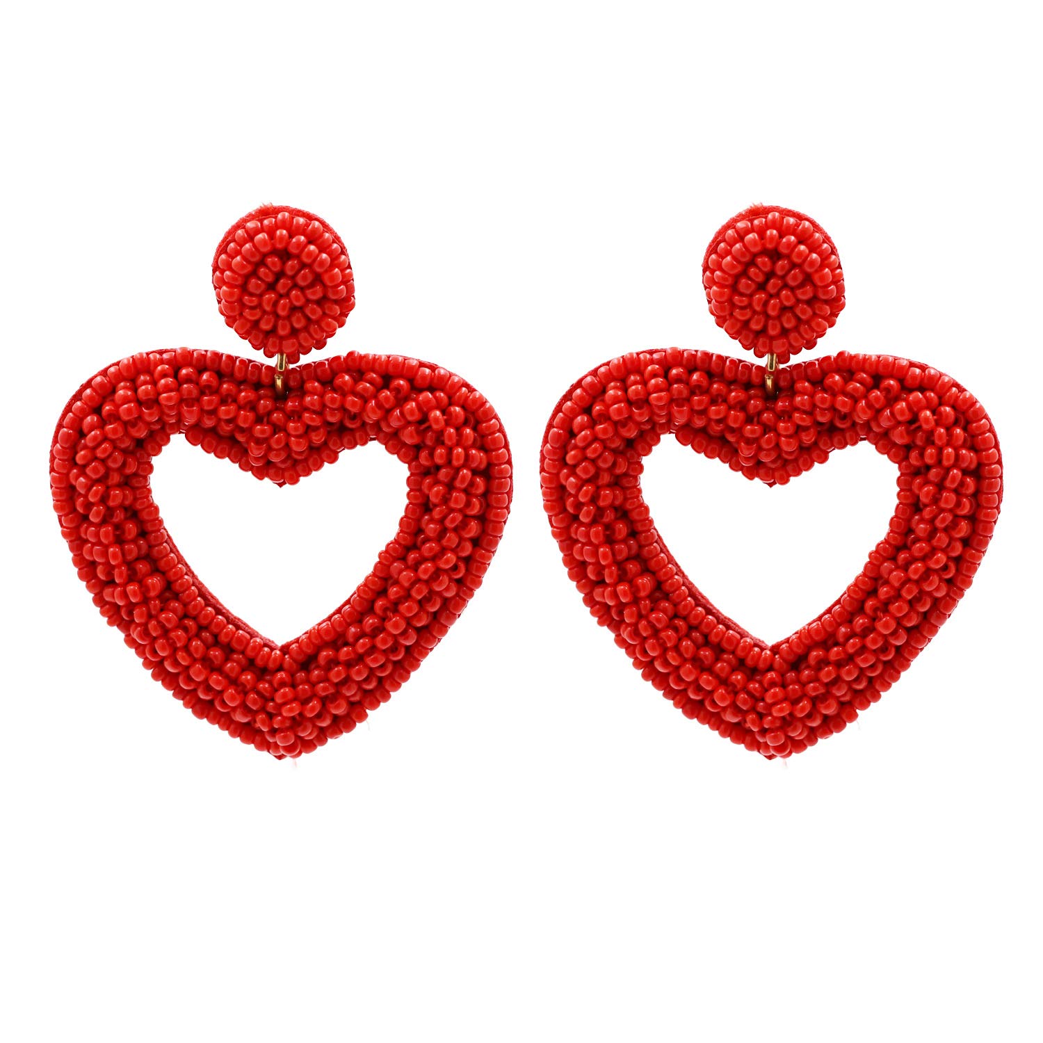 2 Pairs Handmade Bohemian Beaded Heart Earrings for Women - Seed Bead Statement Hoop Dangle Earrings - Valentine's Day Gift, Date Night, Party Accessories