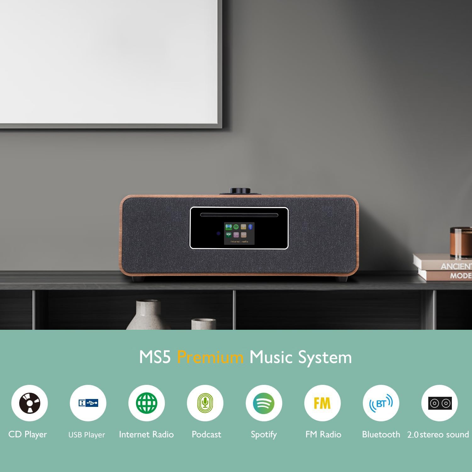 MS5P WiFi Internet Radio with CD Player - Bluetooth Speaker, FM Digital Radio, Spotify Connect, USB Player & Charging, Dual Alarm Clock, OKTIV APP Control - Home Stereo System for Living Room, Bedroom, Office (Walnut Finish)