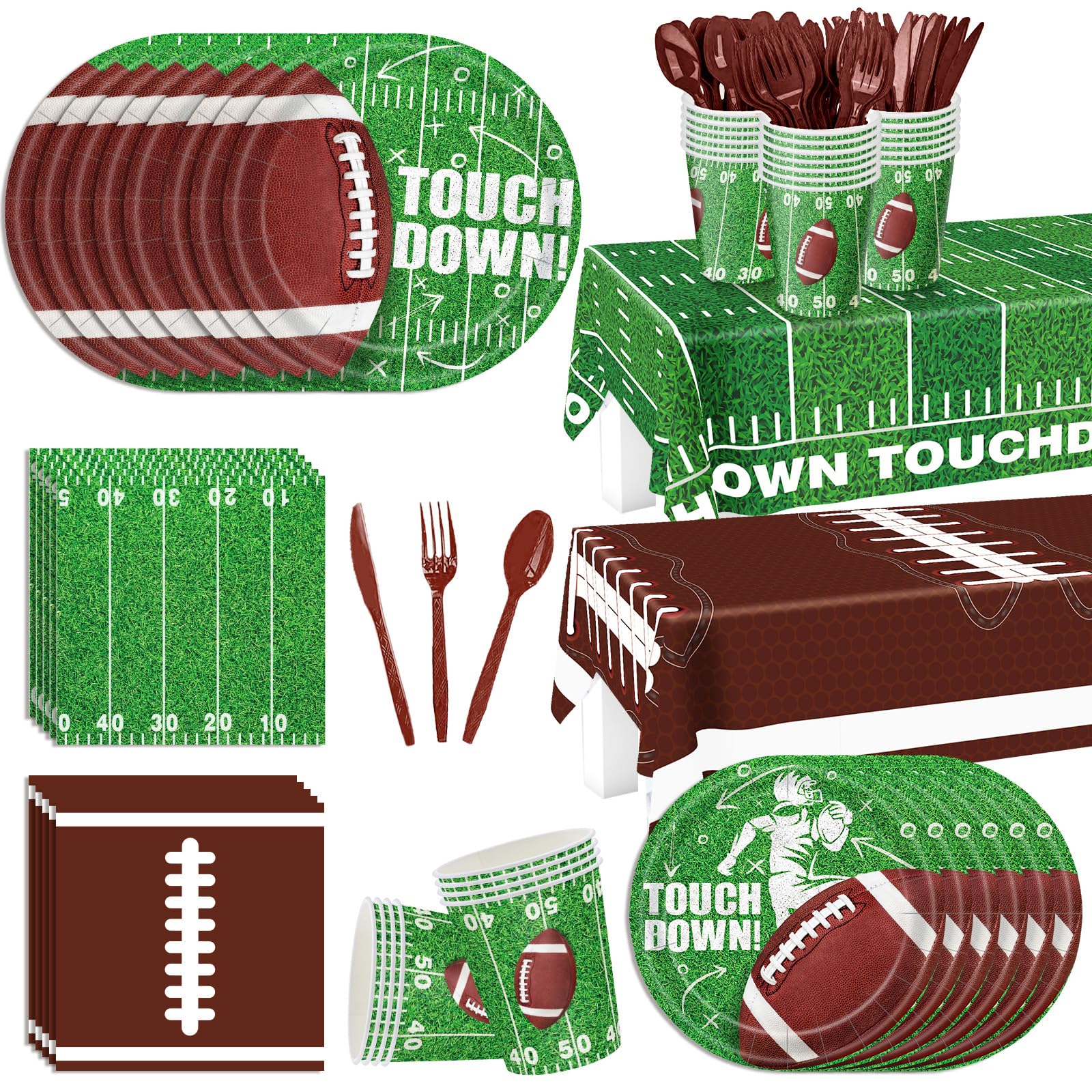 194-Piece Football Party Supplies Set - Disposable Plates, Napkins, Touchdown Paper Cups, Forks & Plastic Tablecloths for 24 Guests - Perfect for Football Birthday Parties, Super Bowl Celebrations & Game Day Decorations