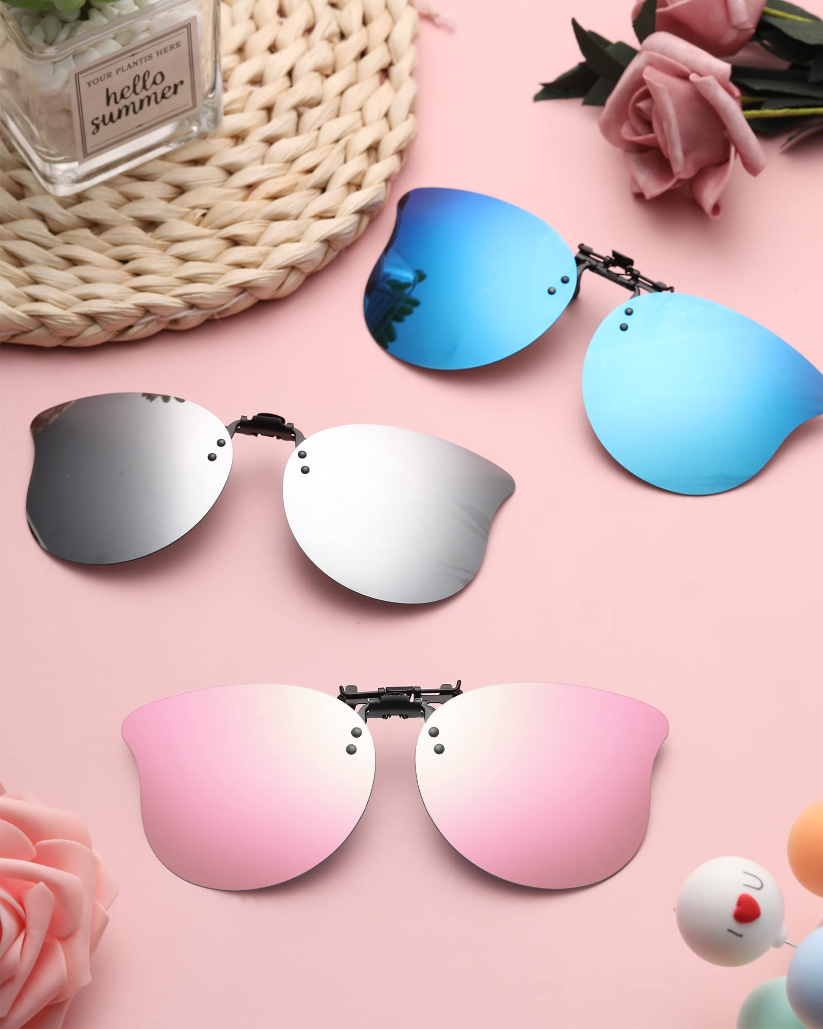 3 Pairs Polarized Clip-On Sunglasses for Women - Cat Eye Flip Up Lens, Lightweight Metal Frame Rimless Clip-On Glasses - Perfect for Driving, Reading & Outdoor Activities