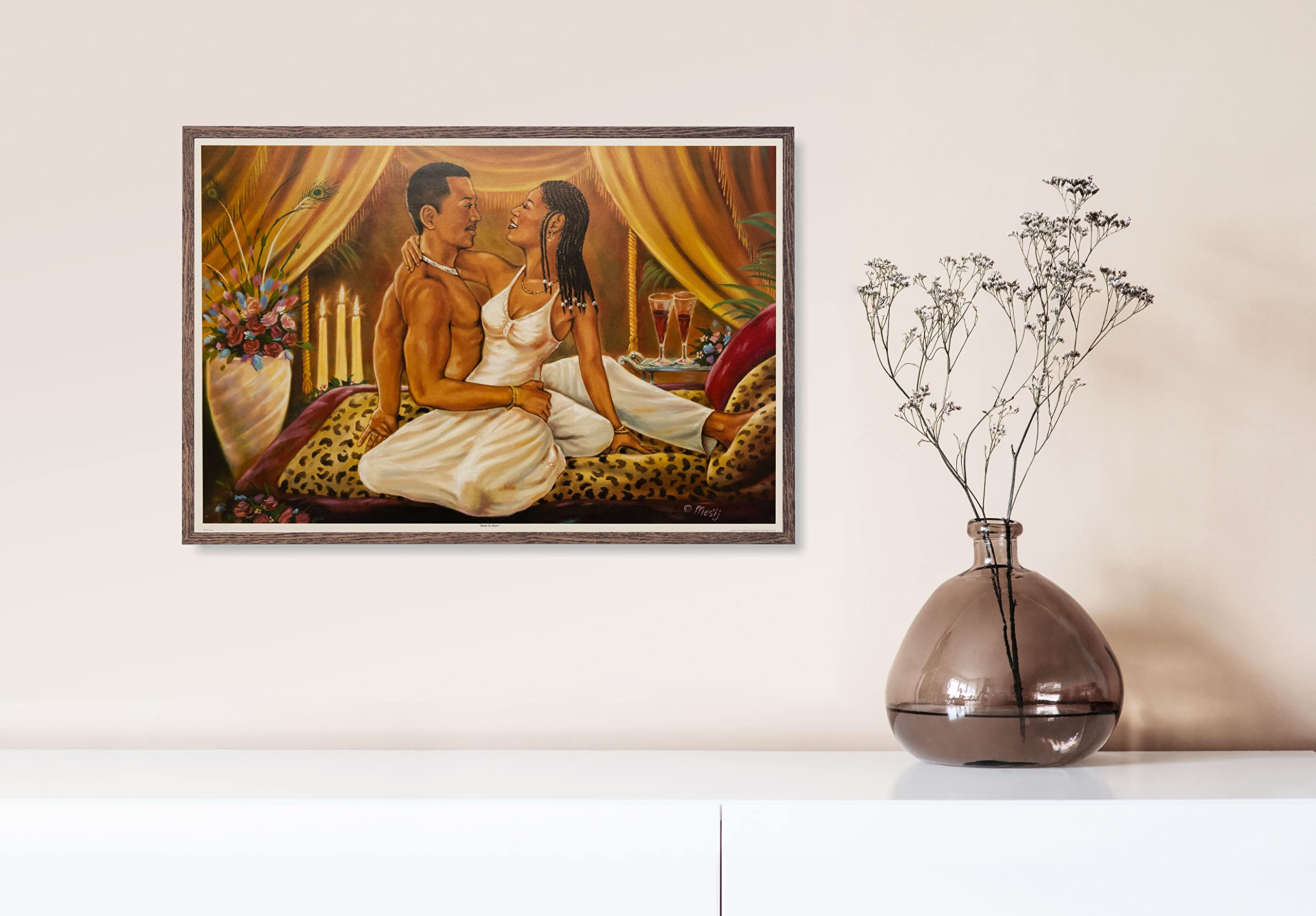 Mesij 24x36 Black Framed African American Couples Art Print - Romantic Heart to Heart Wall Decor Poster for Bedroom & Living Room - Black Art Home Decor for Couples Gift