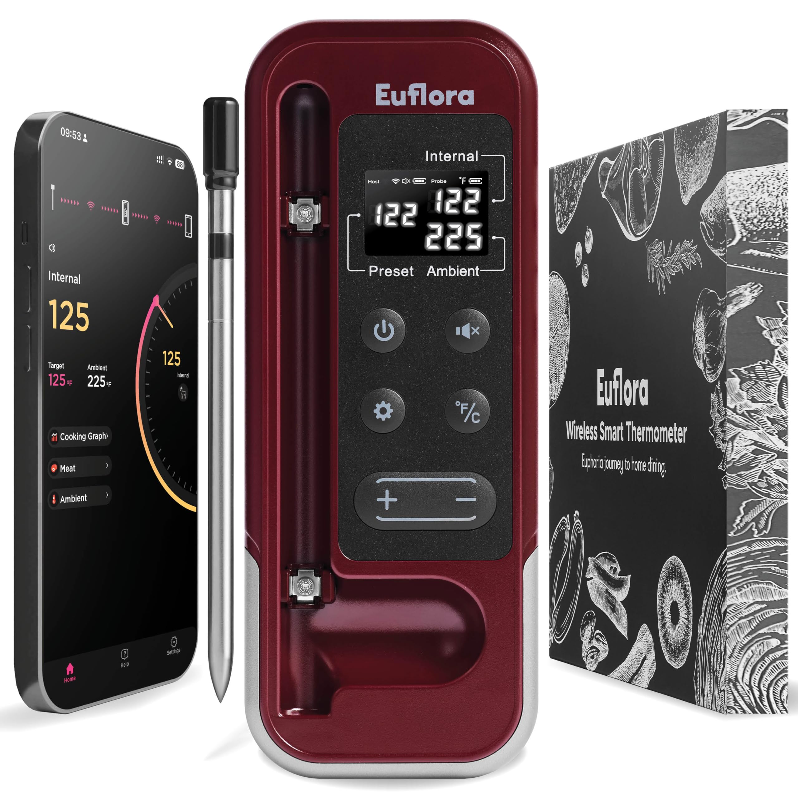 Wireless Meat Thermometer with Digital Probe - Bluetooth BBQ Thermometer for Grilling, Smoking & Oven Cooking - 800FT Range with Internal & Ambient Temperature Monitoring (Red) - Perfect for Backyard BBQs, Camping & Home Kitchen Use