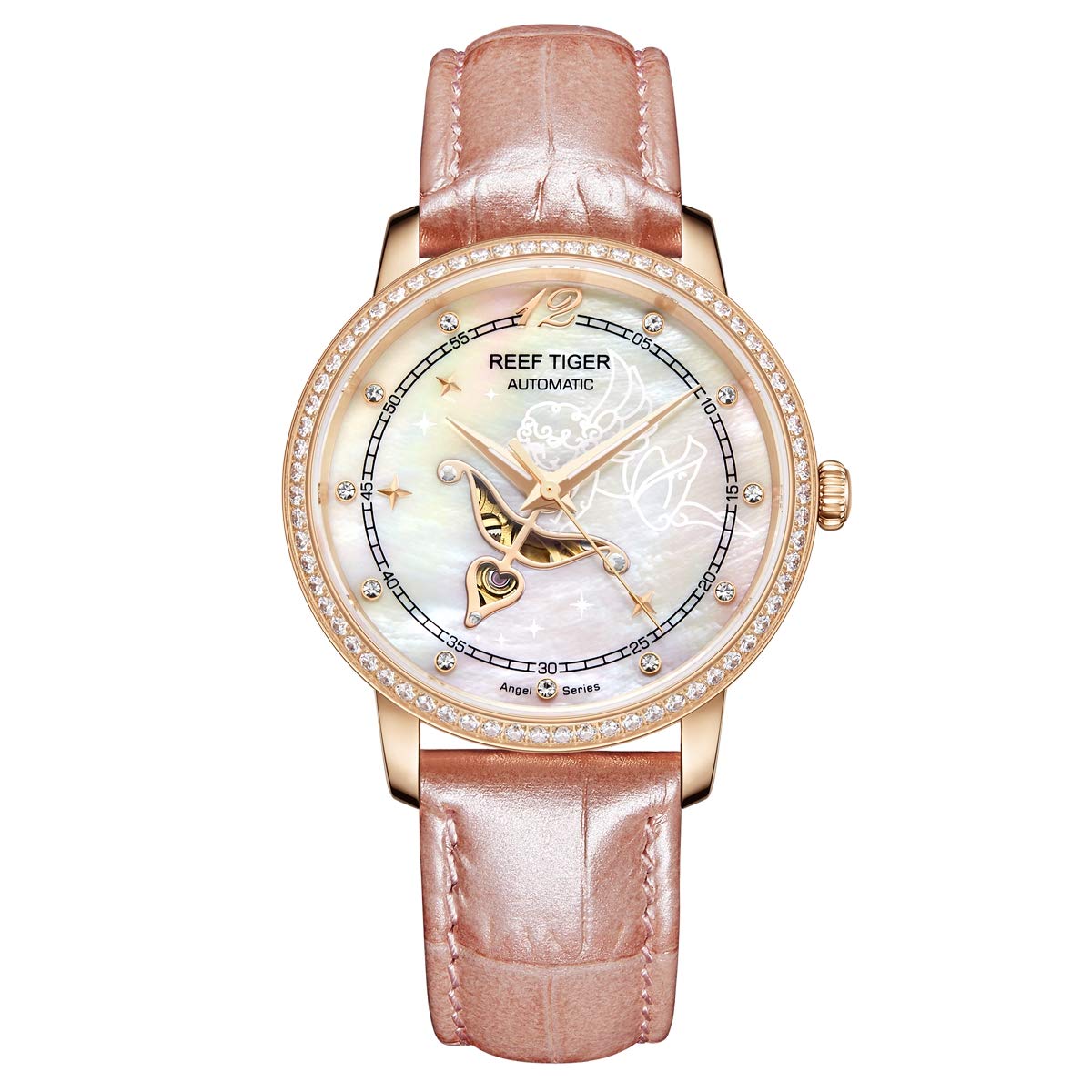 REEF TIGER Luxury Rose Gold Automatic Watch for Women - Genuine Leather Strap, Water Resistant, Elegant Dress Watch - Perfect for Business, Parties & Special Occasions (Model RGA1550)