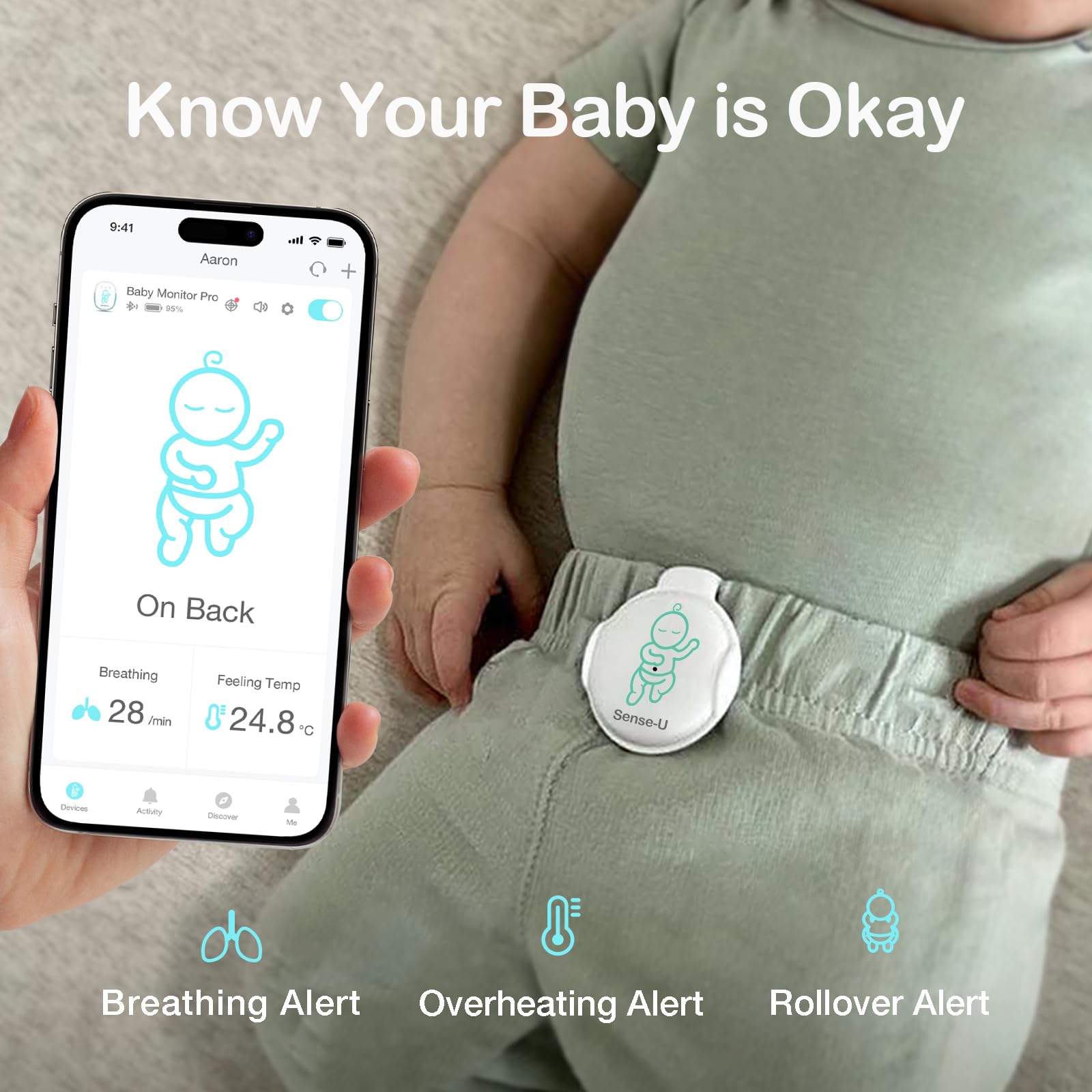 Sense-U Smart Baby Breathing Monitor - Track Baby's Breathing, Temperature, Rollover & Sleep Position for Infant Safety with Real-Time Smartphone Alerts | Ideal for Newborns, Nursery & Safe Sleep Monitoring