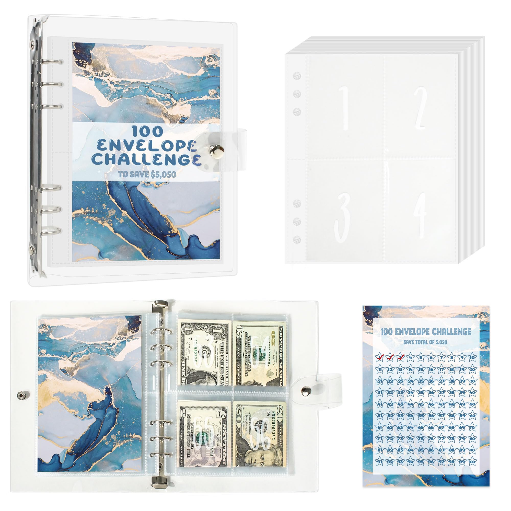 100 Envelope Savings Challenge Binder - Budget Planner & Money Saving Tracker for $5050 Goal | Daily Savings Organizer | Fun & Easy Financial Planning Tool | BlueMarble Design | Perfect for Home Budgeting, Personal Finance Management & Cash Envelope System