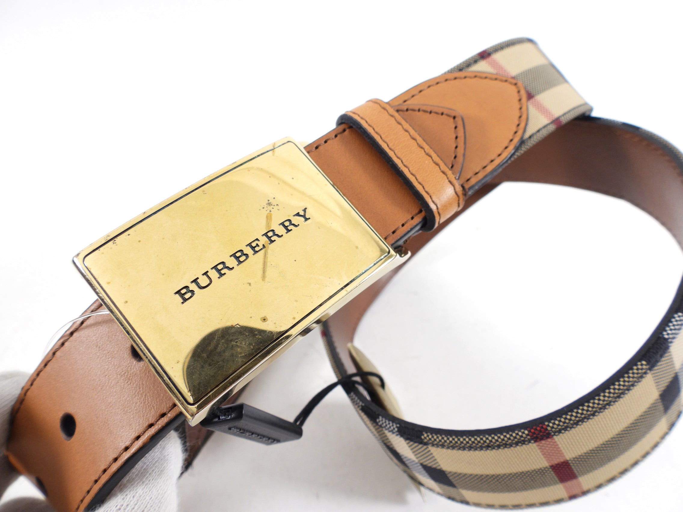 Burberry Brass Buckle Check and Tan Leather Belt for Men - 95/36 Size - Classic Luxury Accessory for Office, Casual & Formal Wear