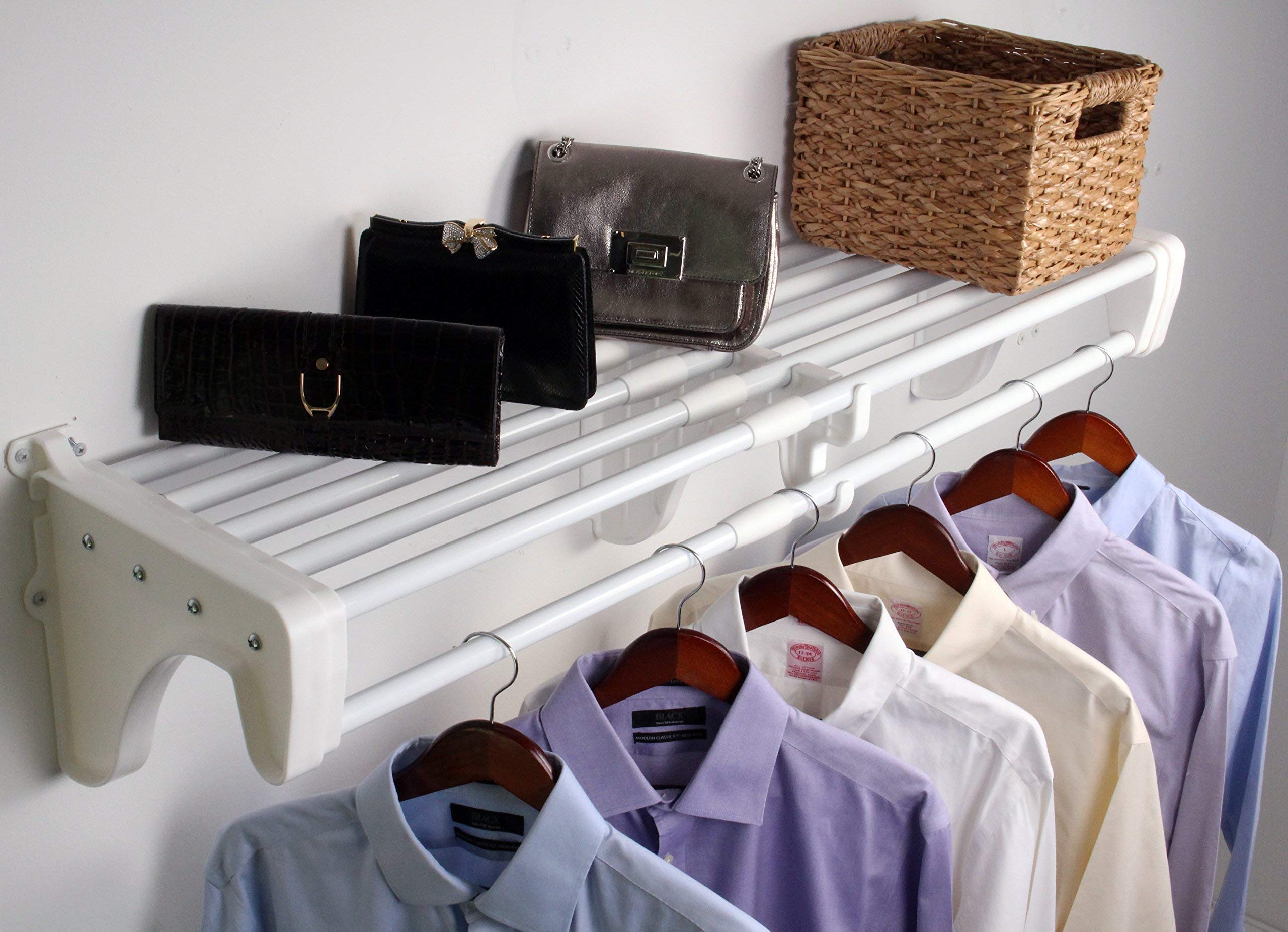 EZ Shelf - Expandable Closet Shelf with Hanging Rod (42.5” to 75”) - White Floating Shelves for Closet Organization - Holds 200 lbs - Easy Installation with 2 End Brackets - Durable Alternative to Wire Shelving - Perfect for Bedroom, Walk-in Closet & Storage Room Organization