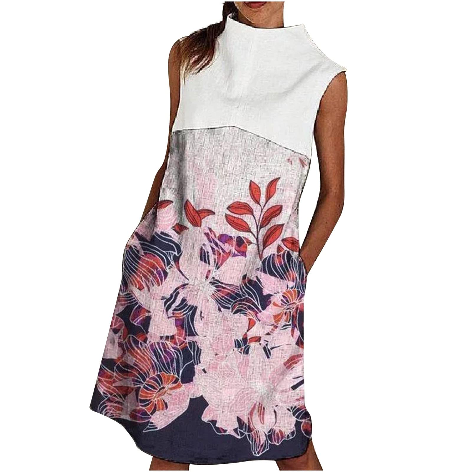 Women's Floral Print Sleeveless Turtleneck Mini Dress with Pockets - Casual Summer Beach Dress for Women | Perfect for Vacations, Pool Parties & Tropical Getaways