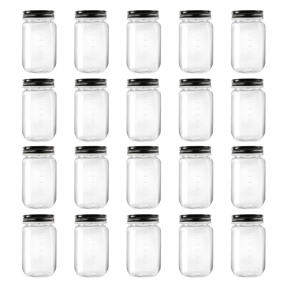 Novelinks 16oz Clear Plastic Jars with Black Lids - 20 Pack BPA Free Refillable Round Containers for Kitchen Pantry Organization, Spice Storage, Craft Supplies & Household Items - Airtight Food Storage Jars for Flour, Sugar, Coffee, Tea & More