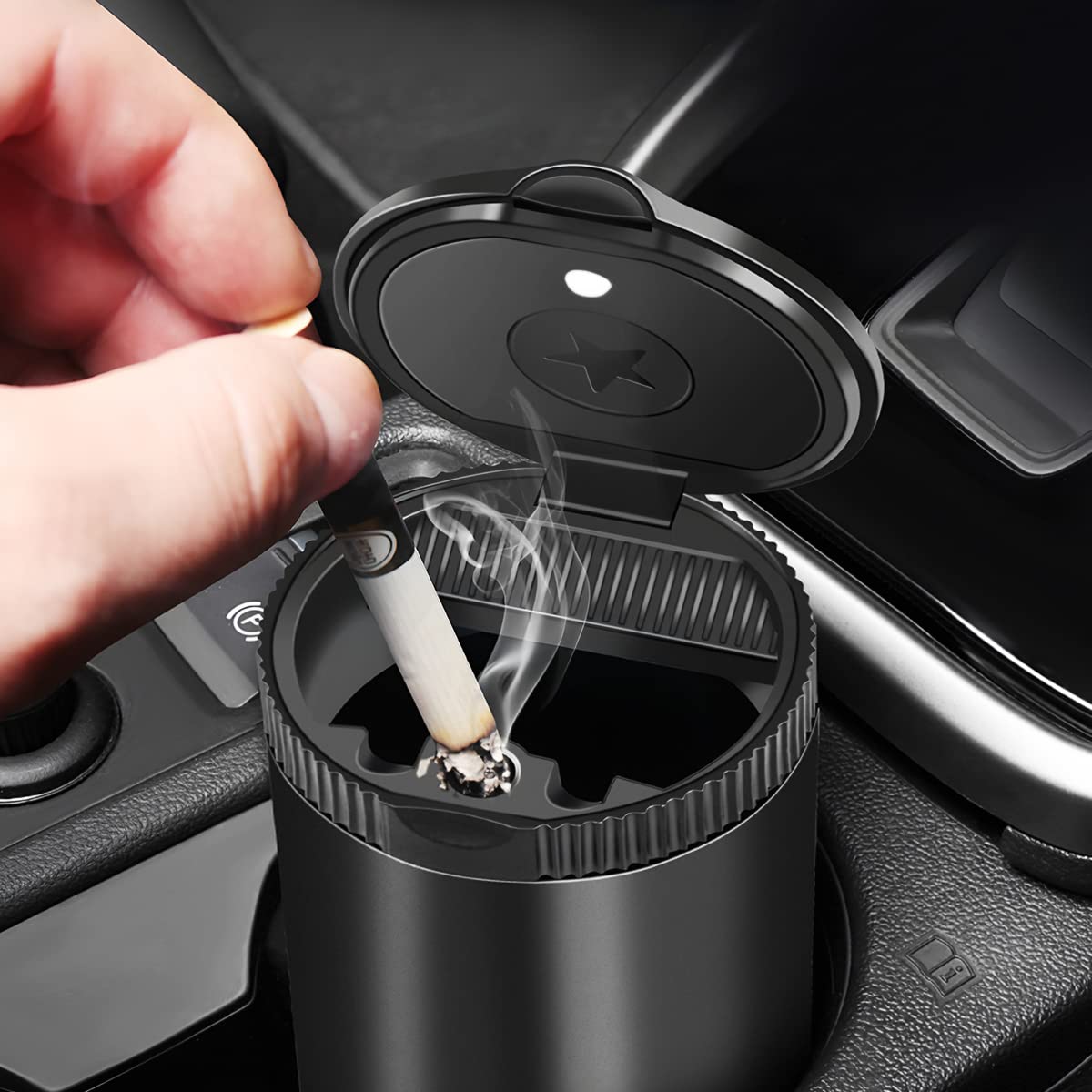 AUCELI Car Ashtray with Lid - Detachable Ash Container for Vehicle Cup Holders, Smokeless Cigarette Holder with USA Flag Design - Portable Mini Trash Can for Car, Office & Home Use - Ideal for Travel, Road Trips & Indoor Smoking Areas (Black)