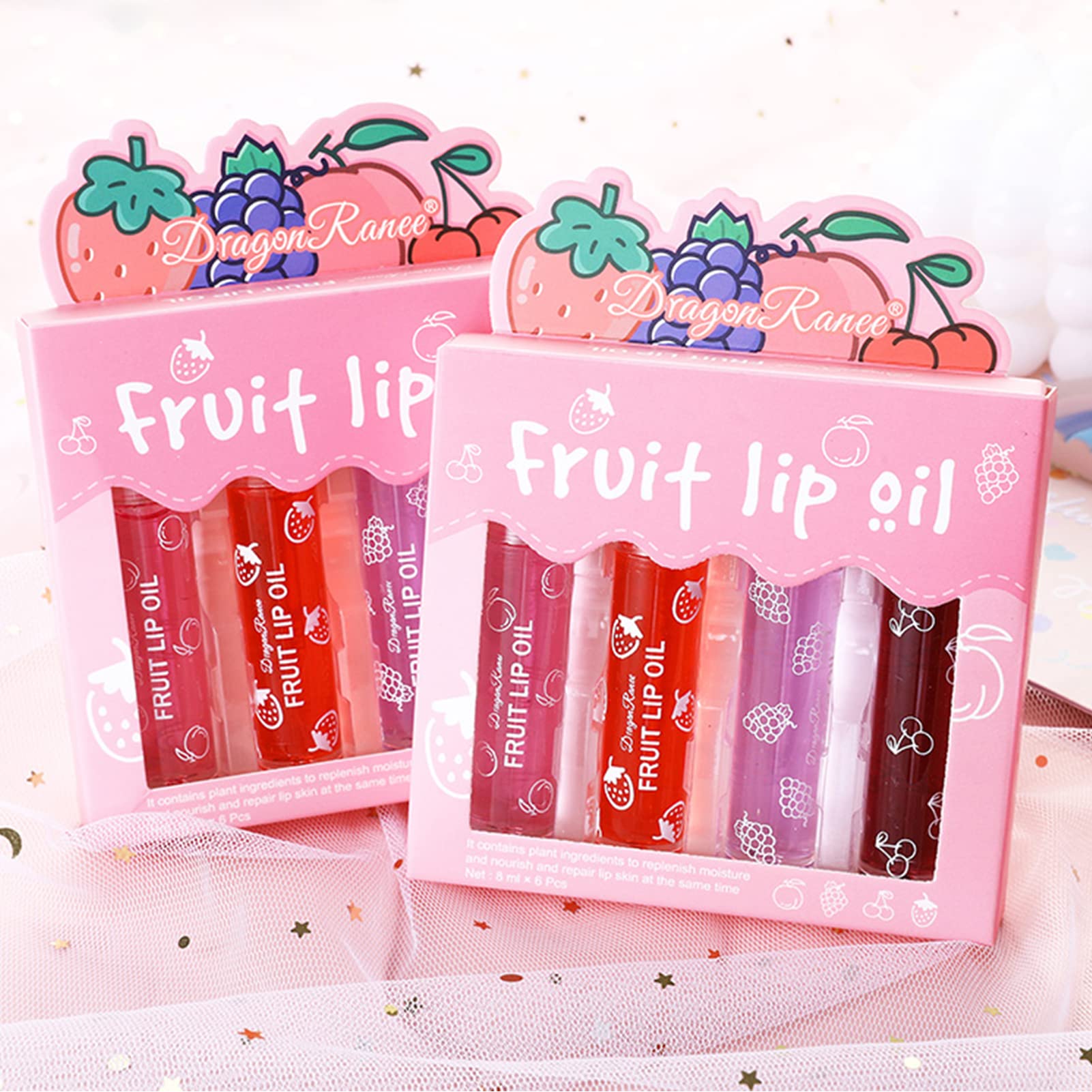 4 Pcs Fruit Lip Oil Set - Moisturizing Hydrating Lip Gloss, Crystal Jelly Liquid Lipstick, Non-Stick Cup & Long Lasting Lip Kit for Women & Girls - Perfect for Daily Wear, Date Night & Makeup Gifts