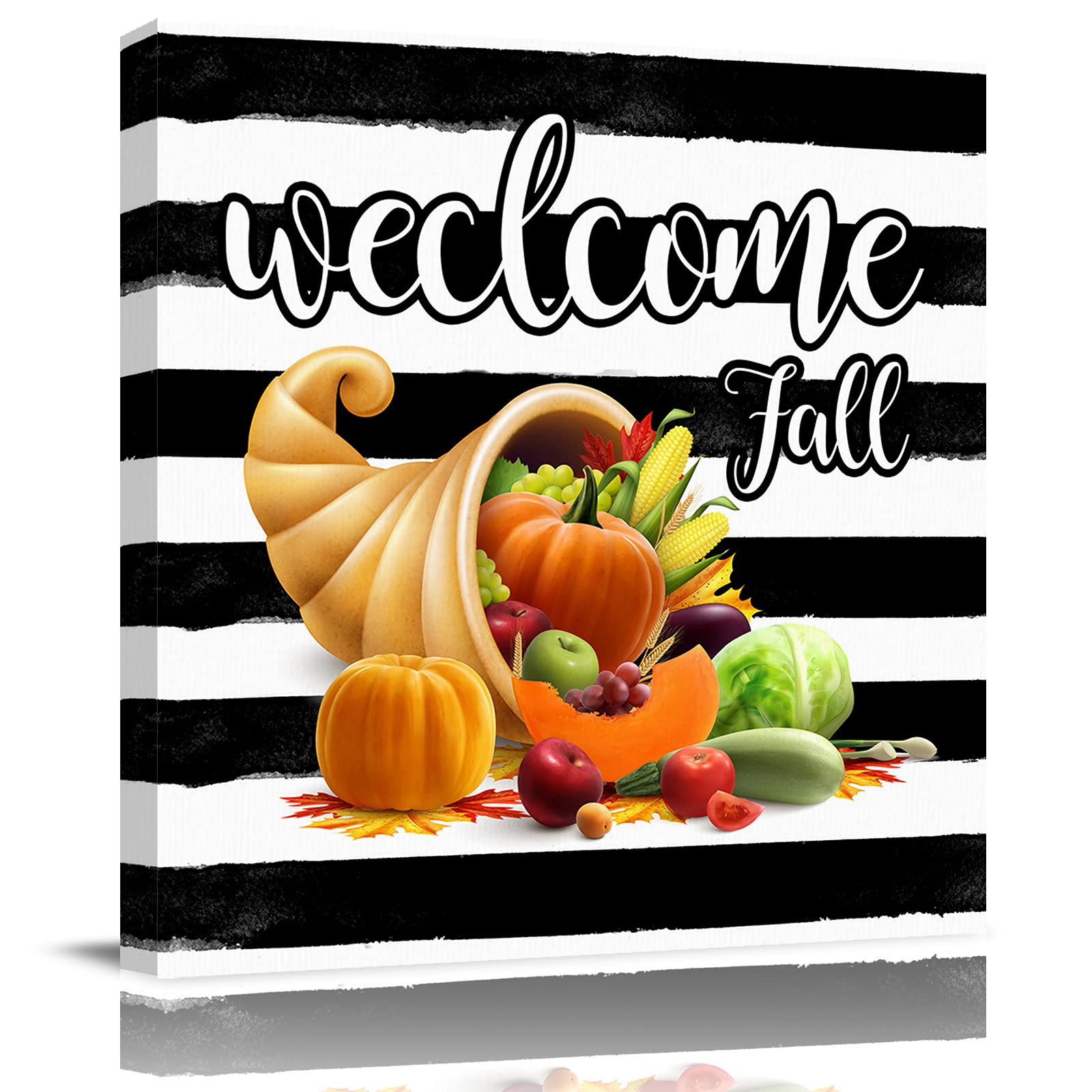 Premium Canvas Wall Art - Fall Cornucopia with Pumpkins & Fruits, Stretched Framed Oil Painting Print, Thanksgiving Harvest Decor for Living Room, Bedroom, Kitchen (28x28 Inch) | Perfect for Autumn Home Decor & Seasonal Farmhouse Style