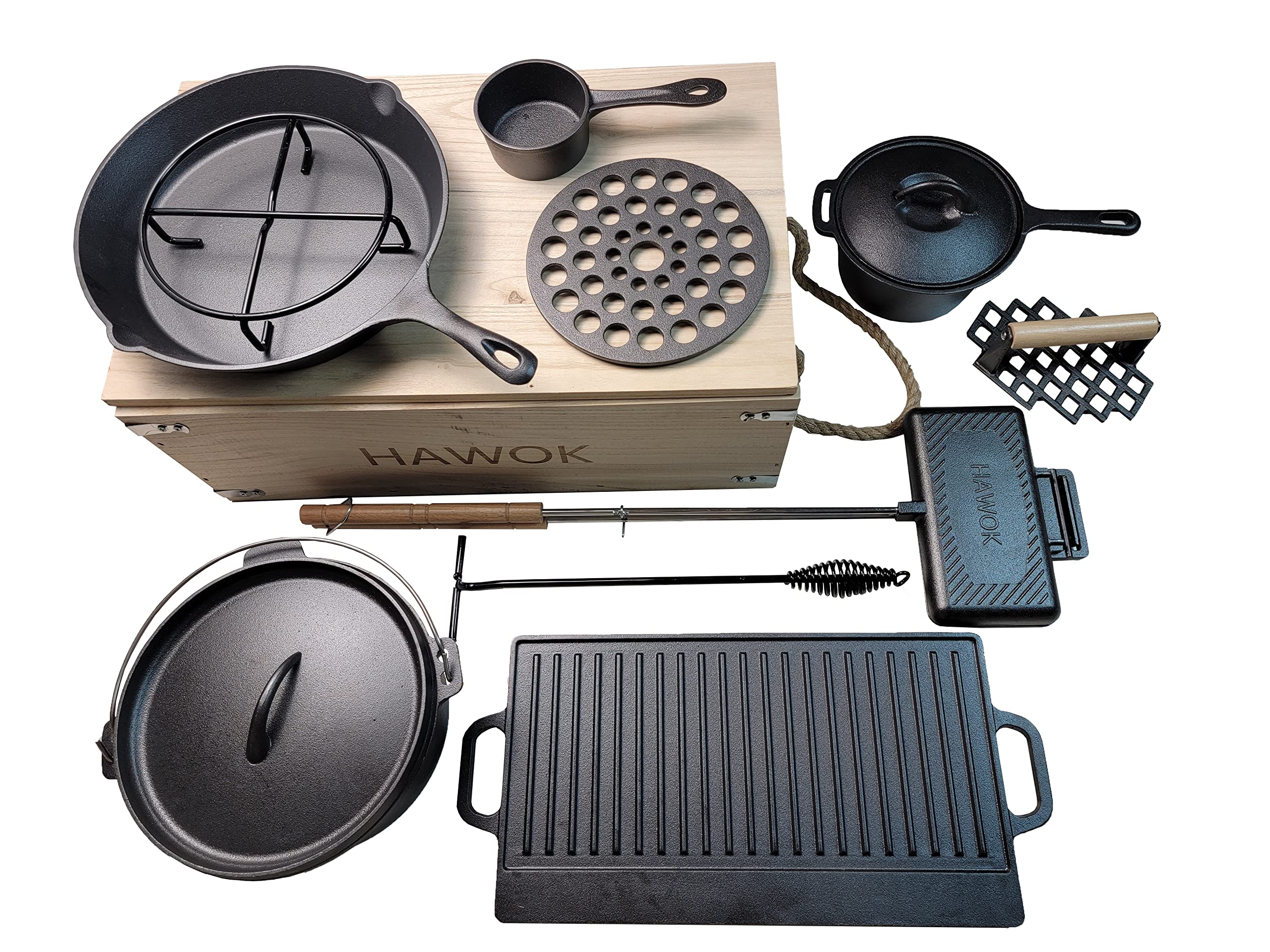 HAWOK Pre-Seasoned Cast Iron Dutch Oven Camping Cooking Set with Carrying Storage Box - Perfect for Outdoor Camping, Backpacking & RV Trips