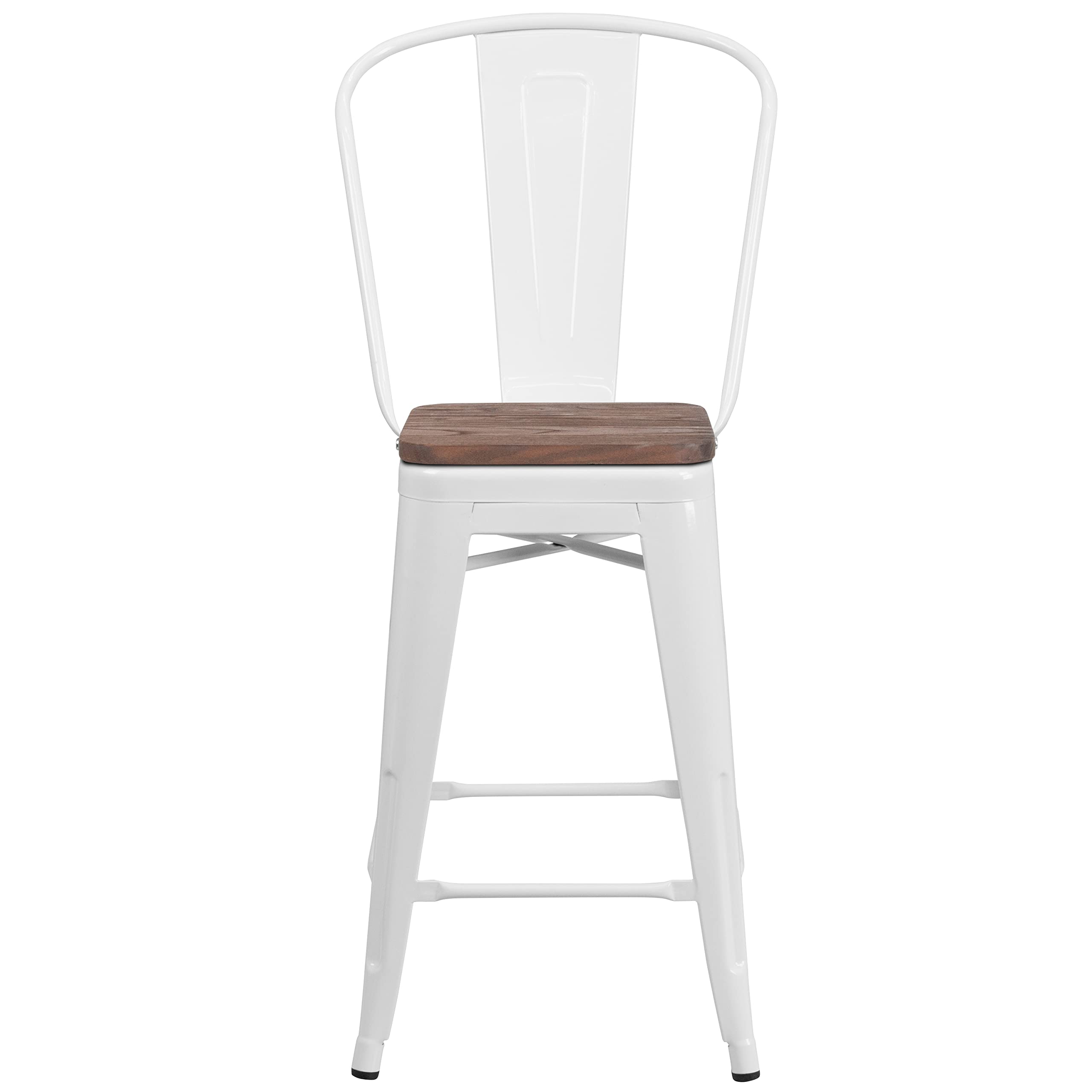 EMMA & OLIVER 24 Inch White Metal Counter Height Bar Stool with Wood Seat & Back Support - Perfect for Kitchen Islands, Breakfast Bars & Dining Tables