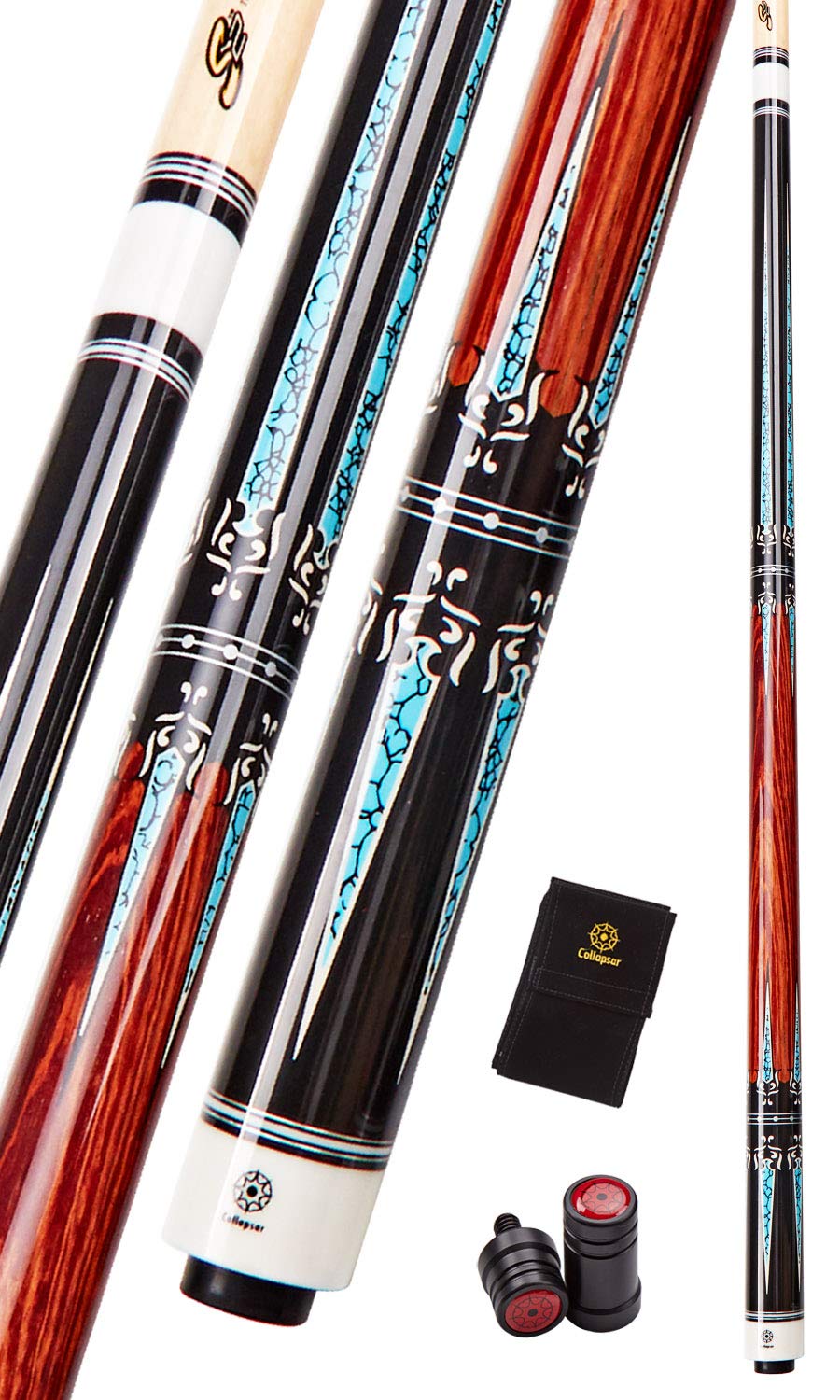 **Collapsar CXT 58-Inch Professional Pool Cue Stick - Black with Cream Points & Turquoise, Wrapless Handle | Includes Soft Case | Perfect for Billiards, Pool Halls & Home Game Rooms**